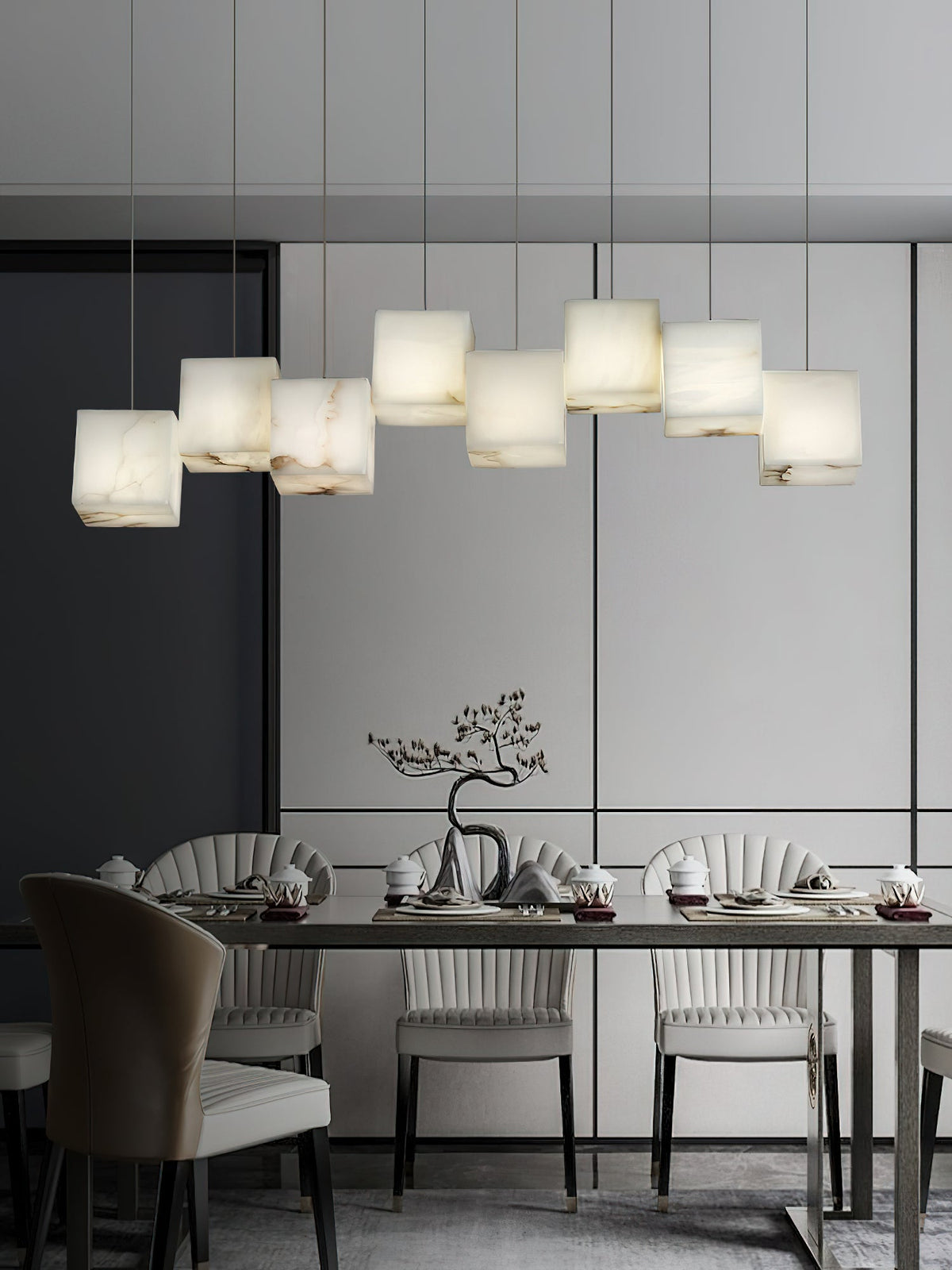 Alabaster Box Chandelier – Spanish Stone Linear Rectangle & Metal Modern Chandelier