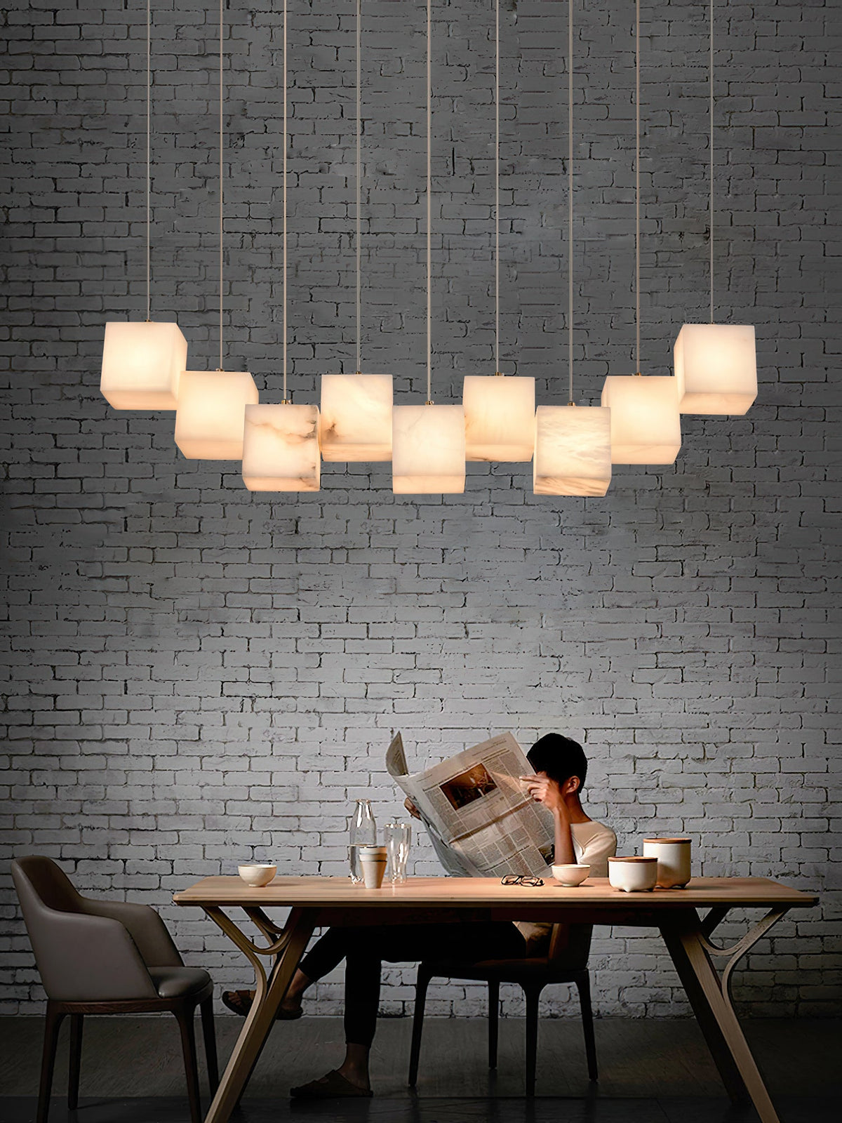 Alabaster Box Chandelier – Spanish Stone Linear Rectangle & Metal Modern Chandelier
