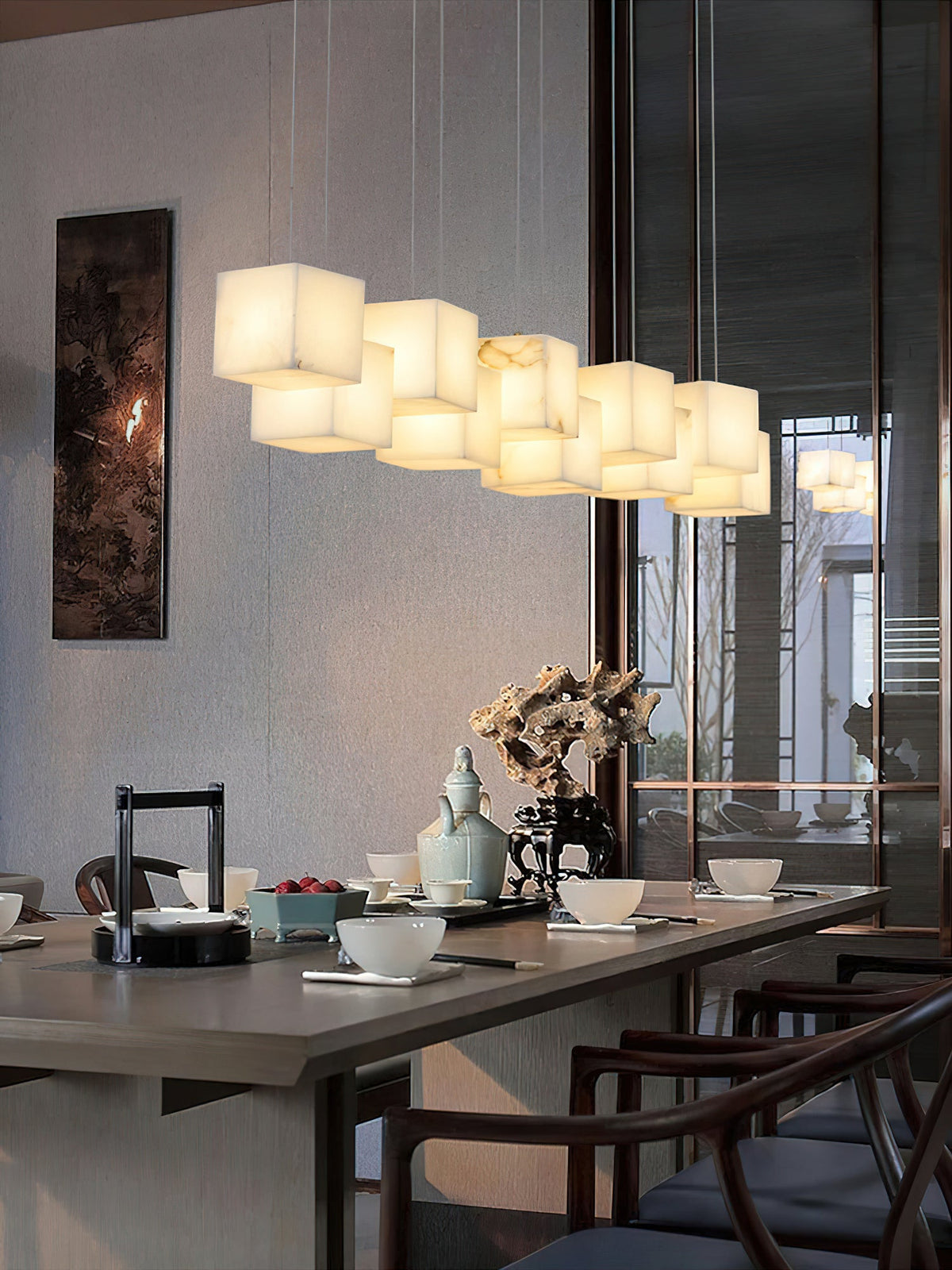 Alabaster Box Chandelier – Spanish Stone Linear Rectangle & Metal Modern Chandelier