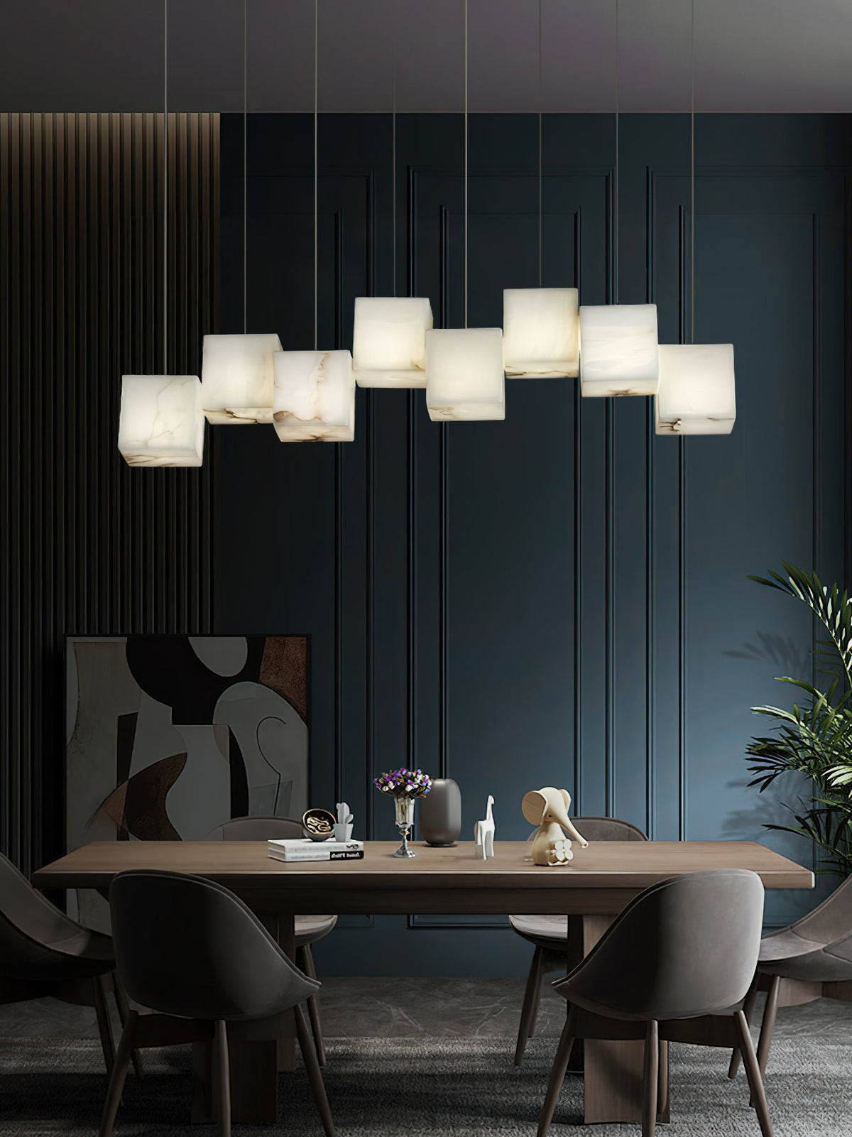 Alabaster Box Chandelier – Spanish Stone Linear Rectangle & Metal Modern Chandelier