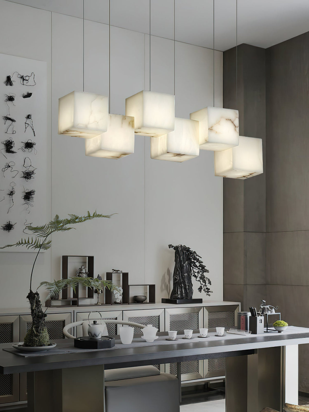 Alabaster Box Chandelier – Spanish Stone Linear Rectangle & Metal Modern Chandelier