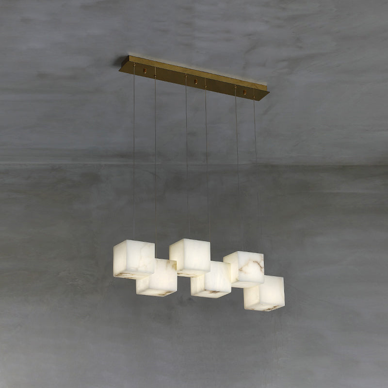 Alabaster Box Chandelier – Spanish Stone Linear Rectangle & Metal Modern Chandelier