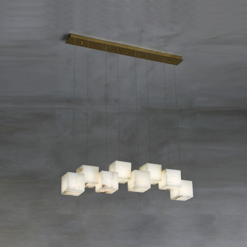 Alabaster Box Chandelier – Spanish Stone Linear Rectangle & Metal Modern Chandelier