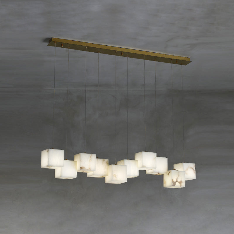 Alabaster Box Chandelier – Spanish Stone Linear Rectangle & Metal Modern Chandelier