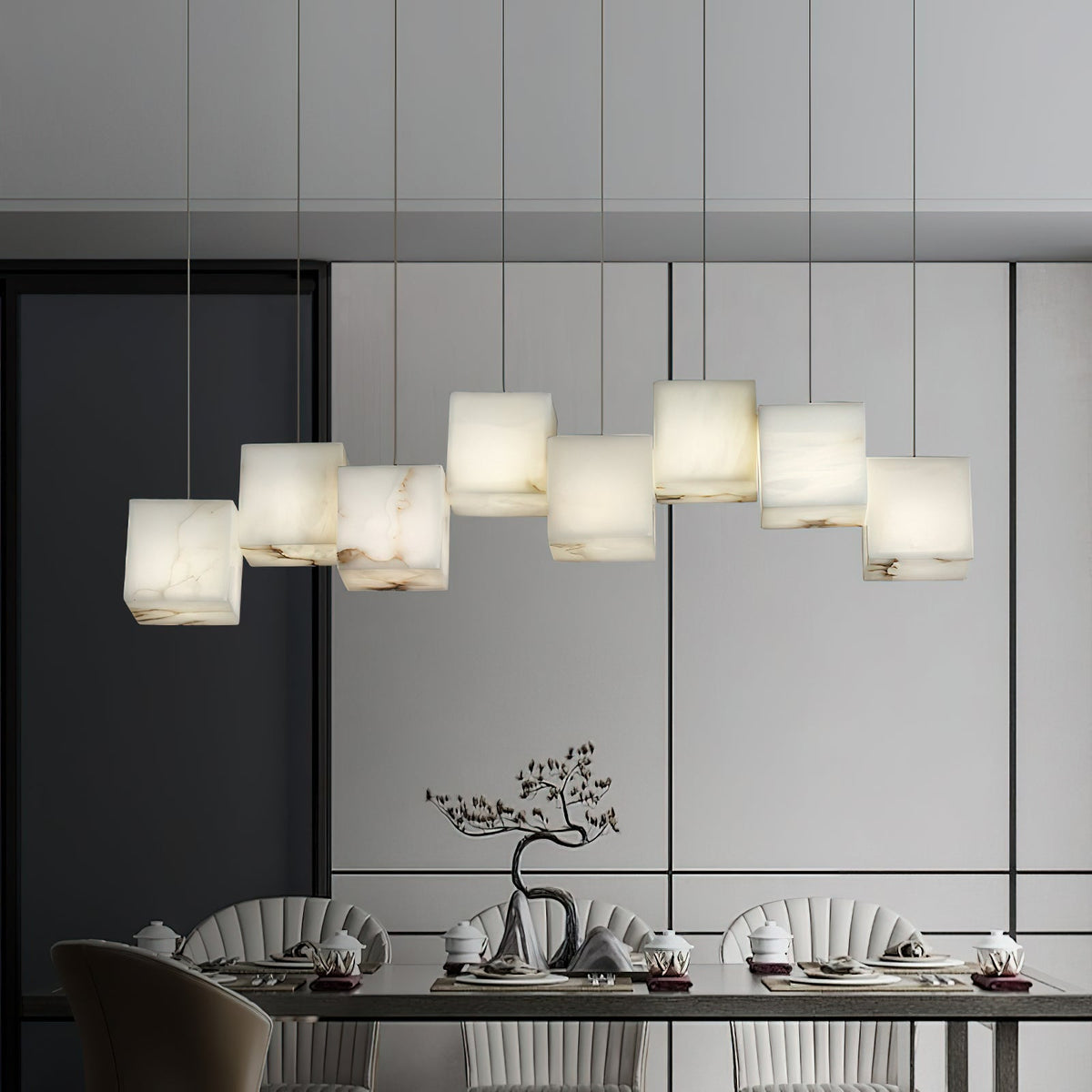Alabaster Box Chandelier – Spanish Stone Linear Rectangle & Metal Modern Chandelier