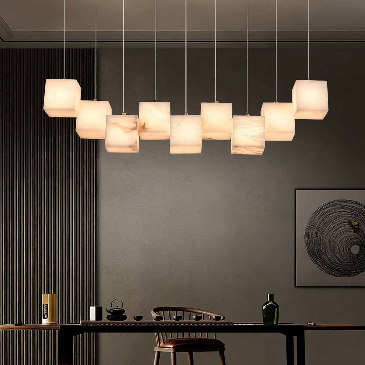 Alabaster Box Chandelier – Spanish Stone Linear Rectangle & Metal Modern Chandelier