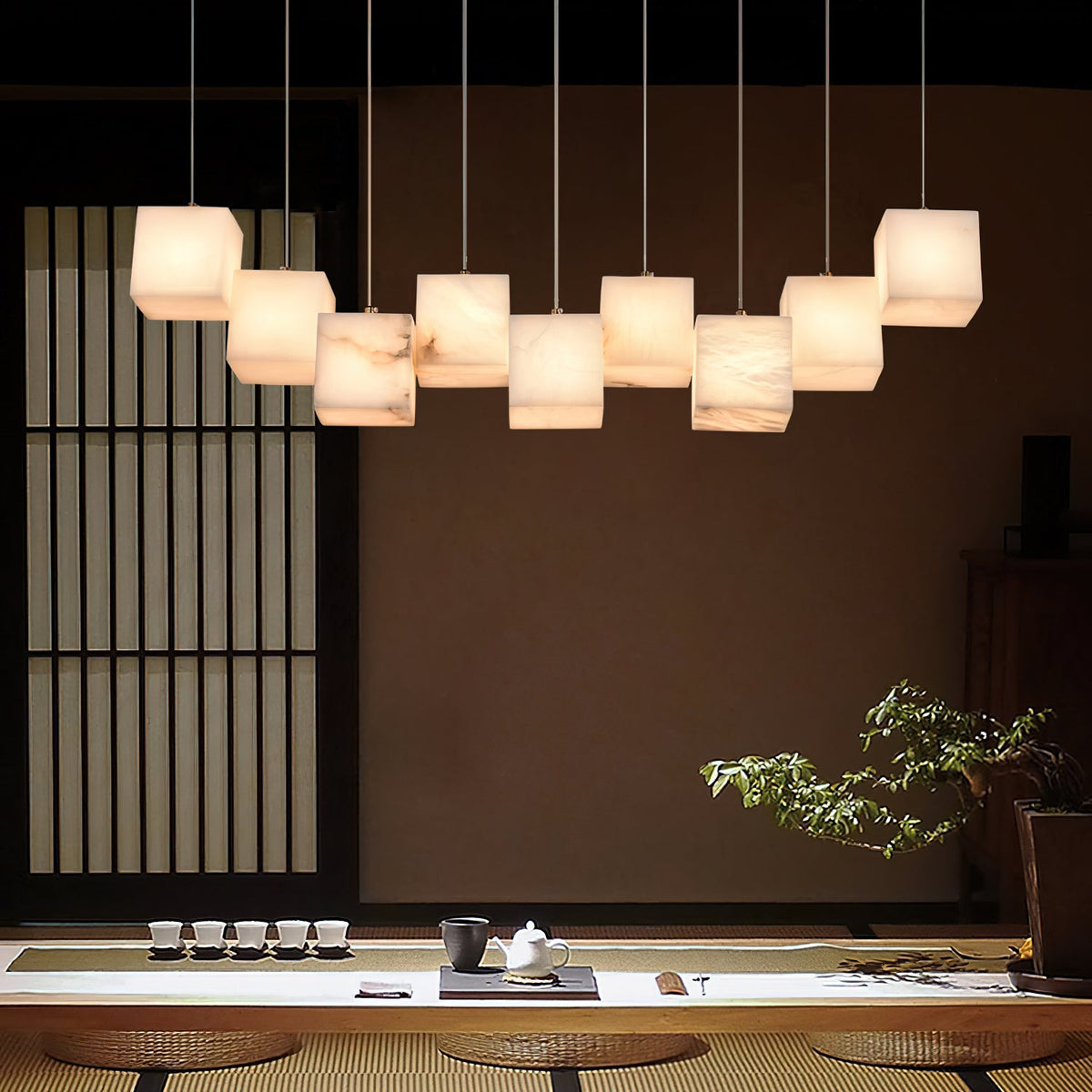 Alabaster Box Chandelier – Spanish Stone Linear Rectangle & Metal Modern Chandelier