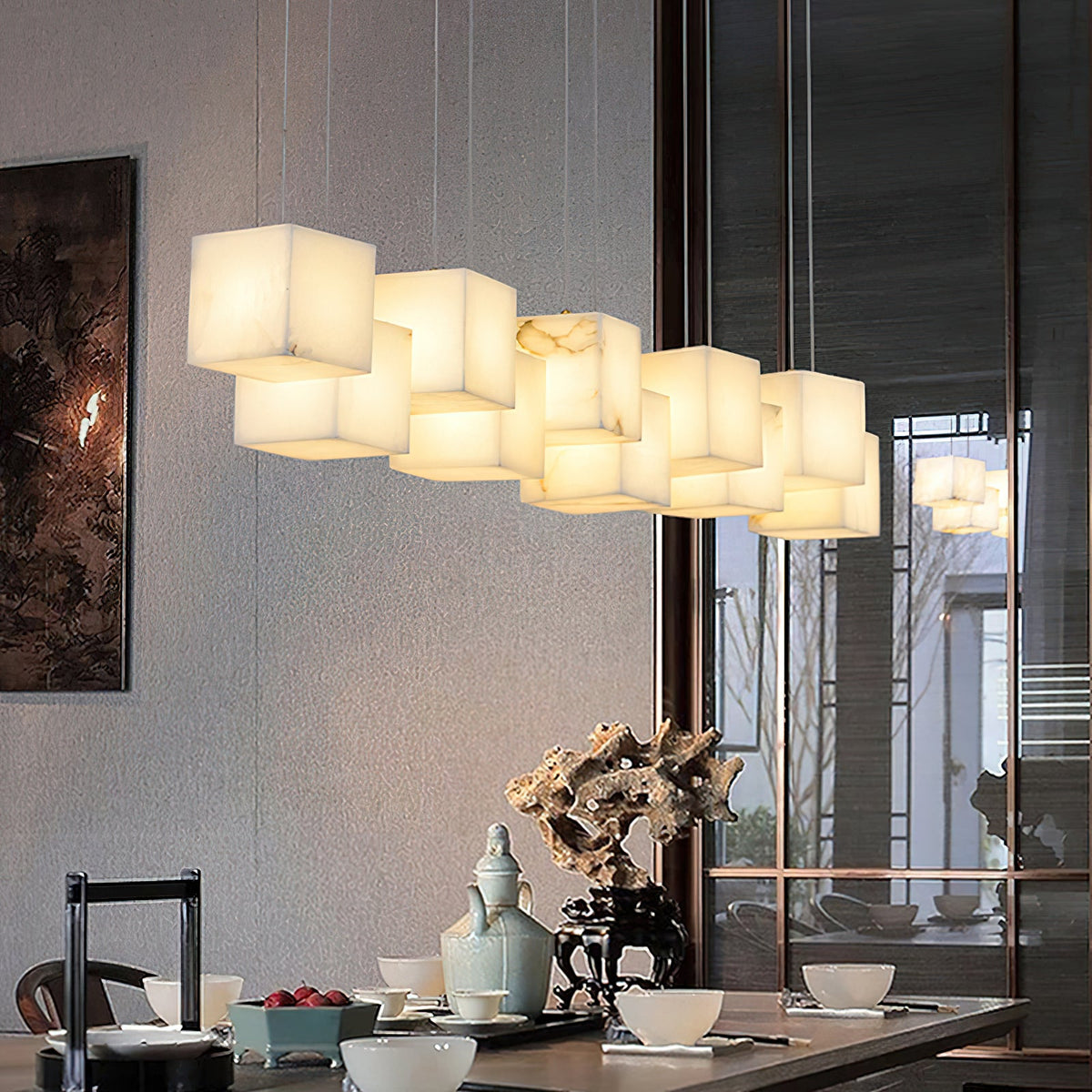 Alabaster Box Chandelier – Spanish Stone Linear Rectangle & Metal Modern Chandelier