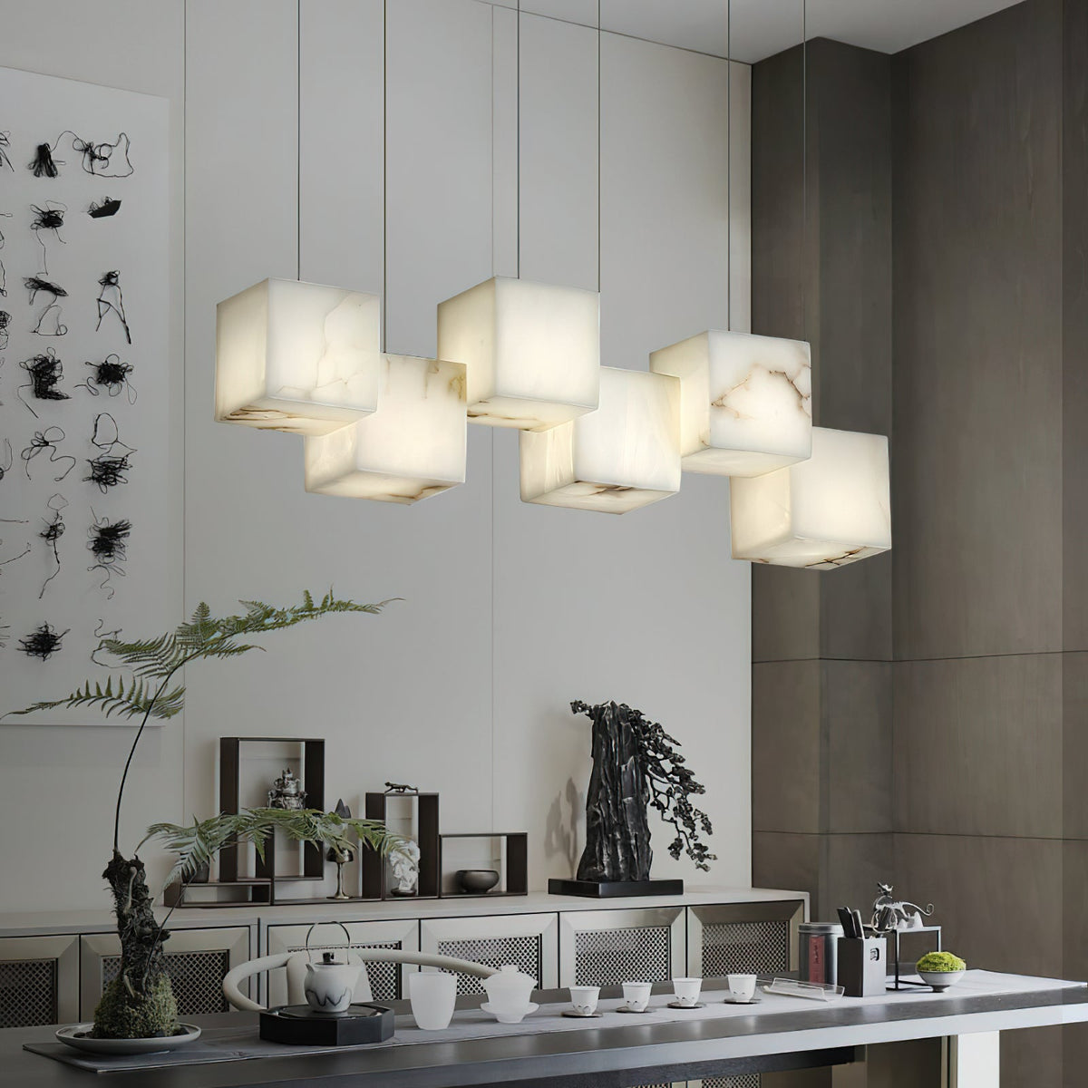 Alabaster Box Chandelier – Spanish Stone Linear Rectangle & Metal Modern Chandelier