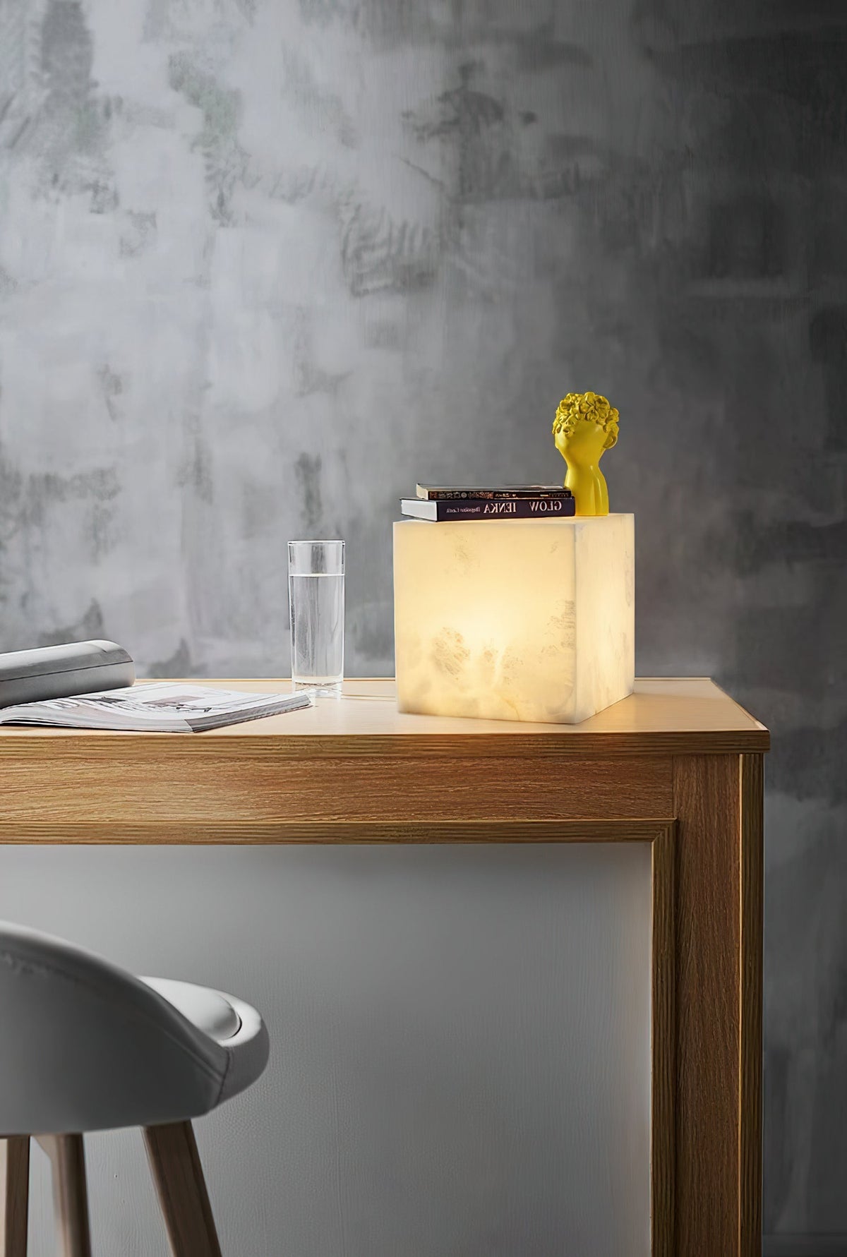 Alabaster Cubic Table Lamp – Solid Imported Spanish Stone Modern LED Cube Light