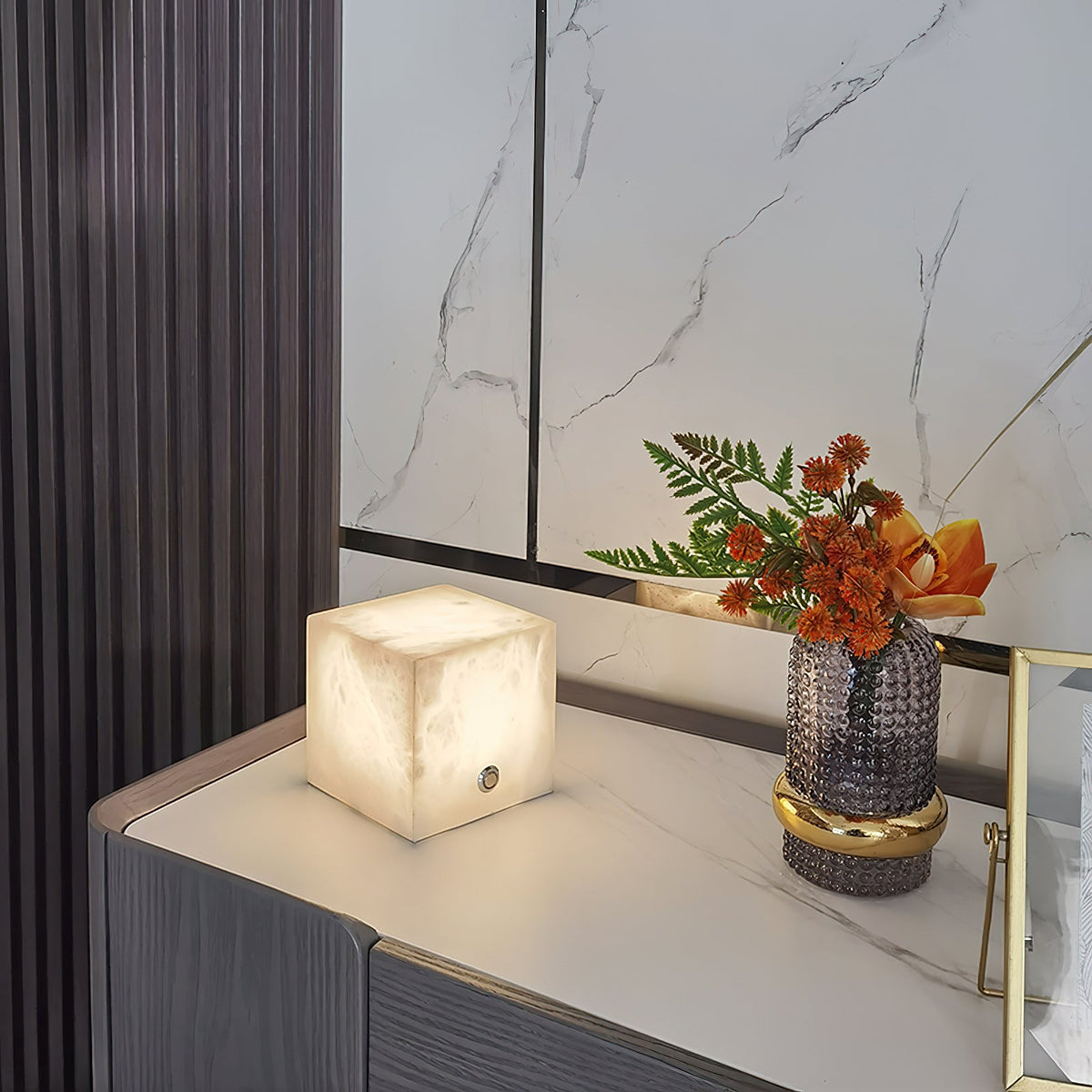 Alabaster Cubic Table Lamp – Solid Imported Spanish Stone Modern LED Cube Light