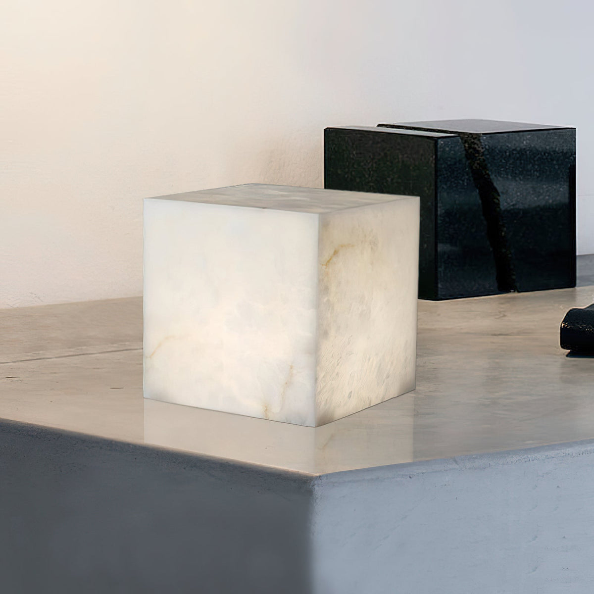 Alabaster Cubic Table Lamp – Solid Imported Spanish Stone Modern LED Cube Light
