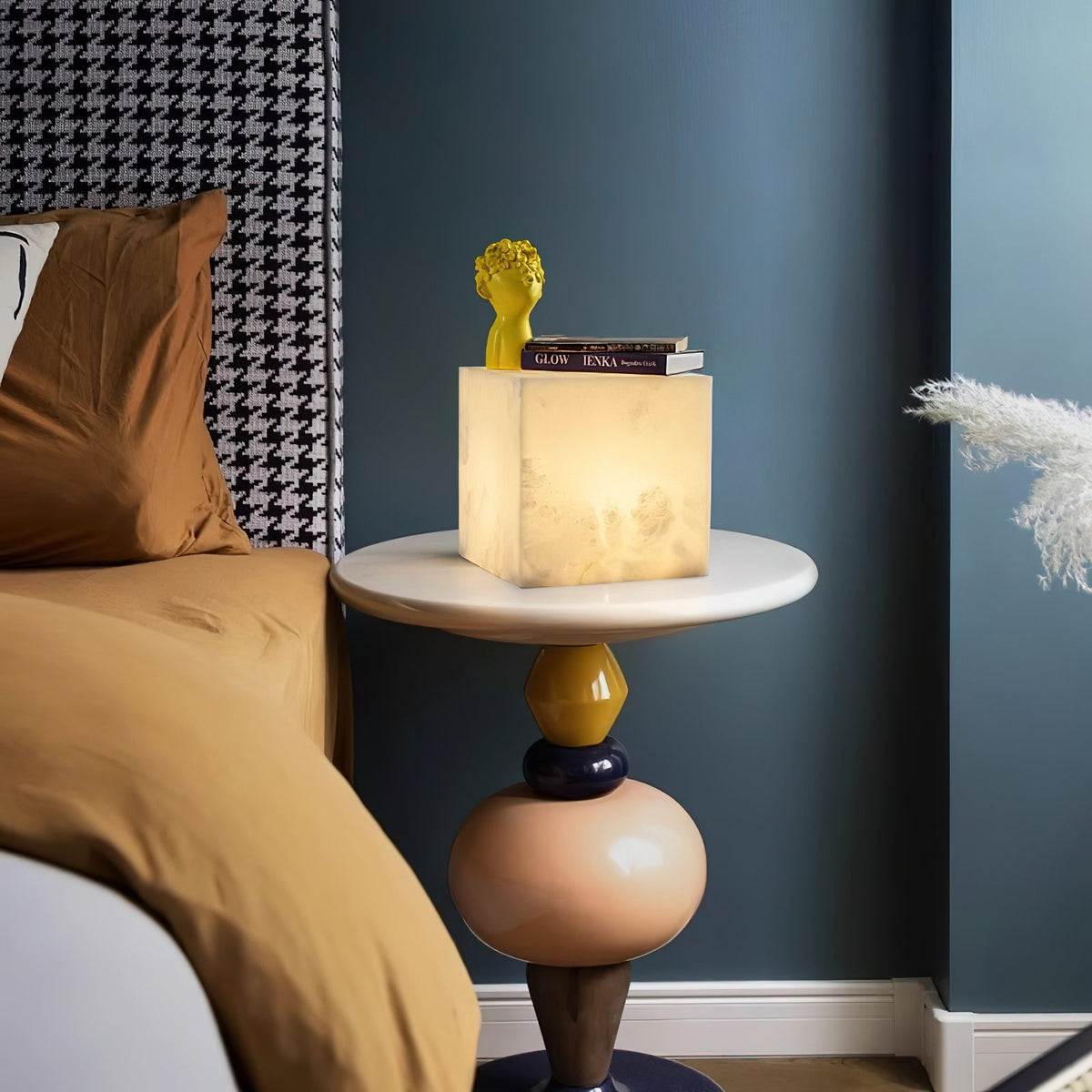 Alabaster Cubic Table Lamp – Solid Imported Spanish Stone Modern LED Cube Light