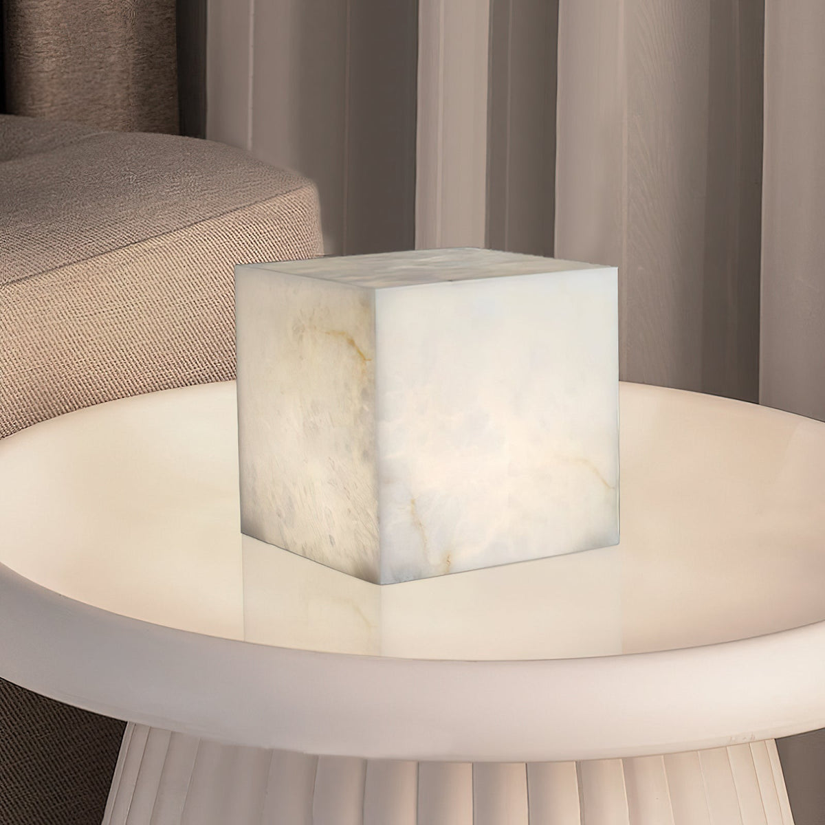 Alabaster Cubic Table Lamp – Solid Imported Spanish Stone Modern LED Cube Light
