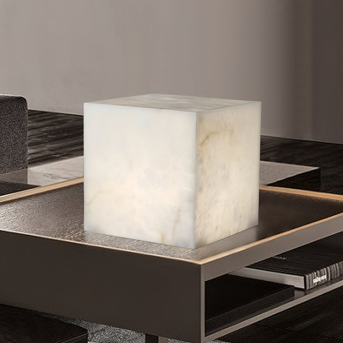 Alabaster Cubic Table Lamp – Solid Imported Spanish Stone Modern LED Cube Light