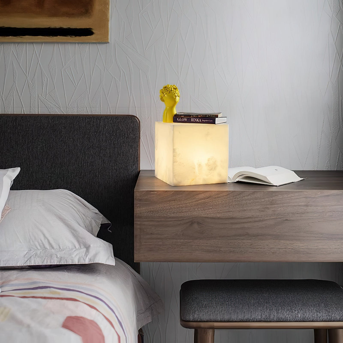Alabaster Cubic Table Lamp – Solid Imported Spanish Stone Modern LED Cube Light