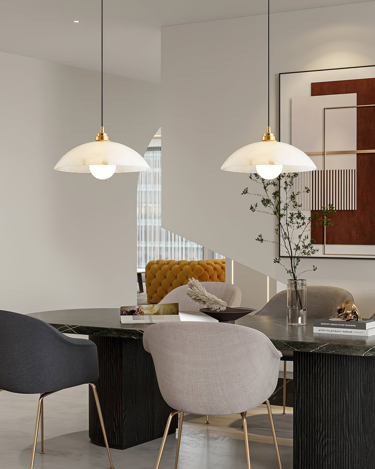 Alabaster Dome Pendant Light – Natural Stone Saucer & Brass Minimalist Suspension Lamp