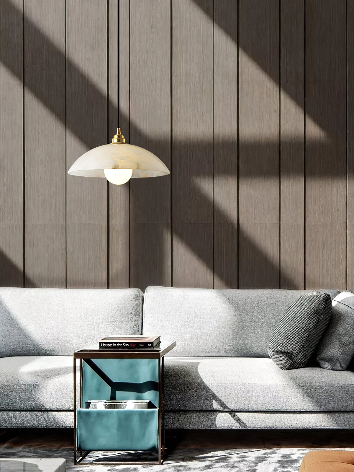 Alabaster Dome Pendant Light – Natural Stone Saucer & Brass Minimalist Suspension Lamp