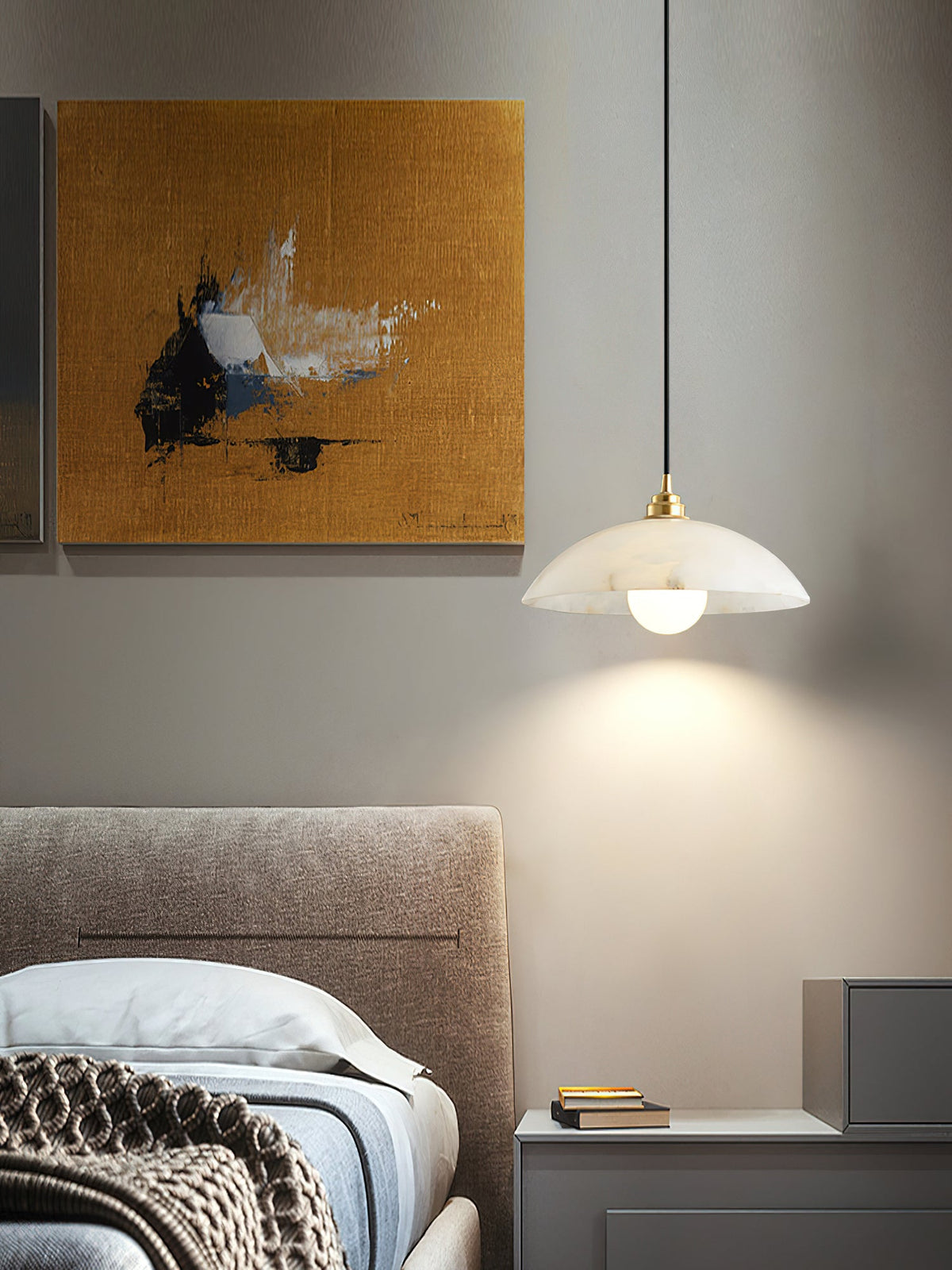 Alabaster Dome Pendant Light – Natural Stone Saucer & Brass Minimalist Suspension Lamp
