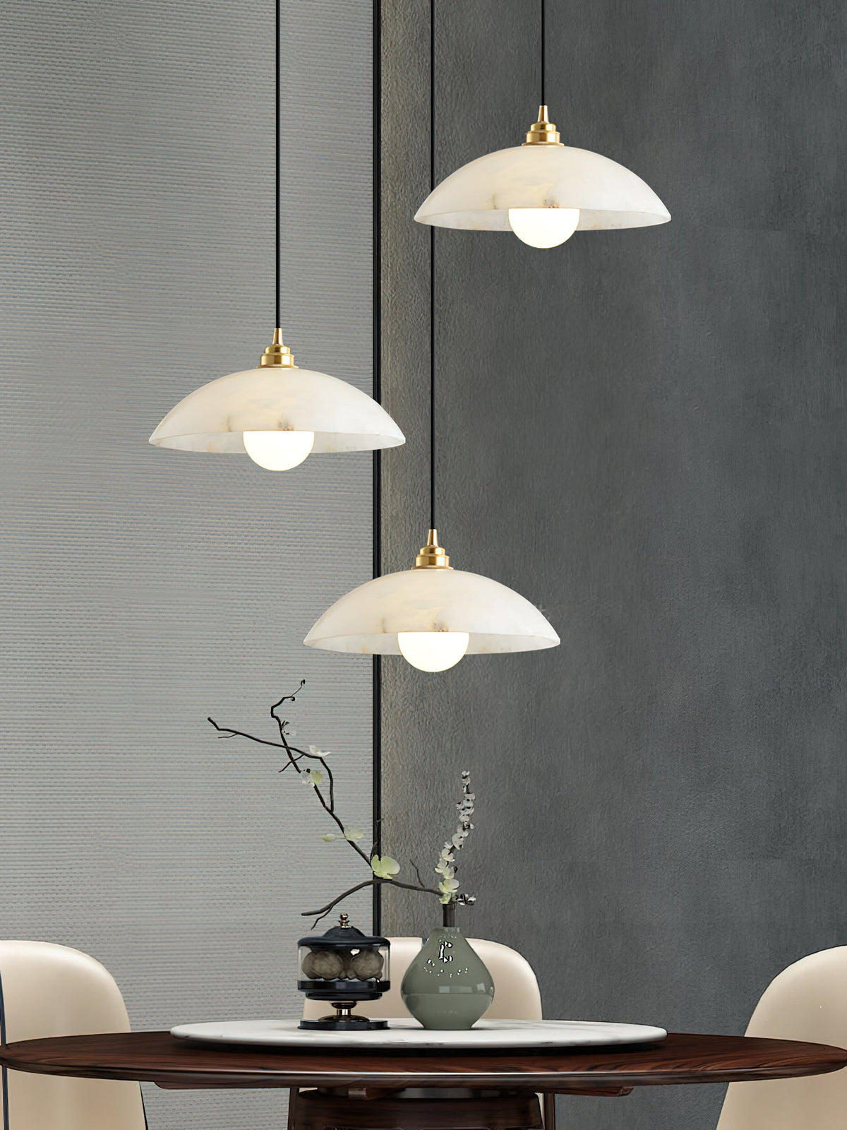 Alabaster Dome Pendant Light – Natural Stone Saucer & Brass Minimalist Suspension Lamp