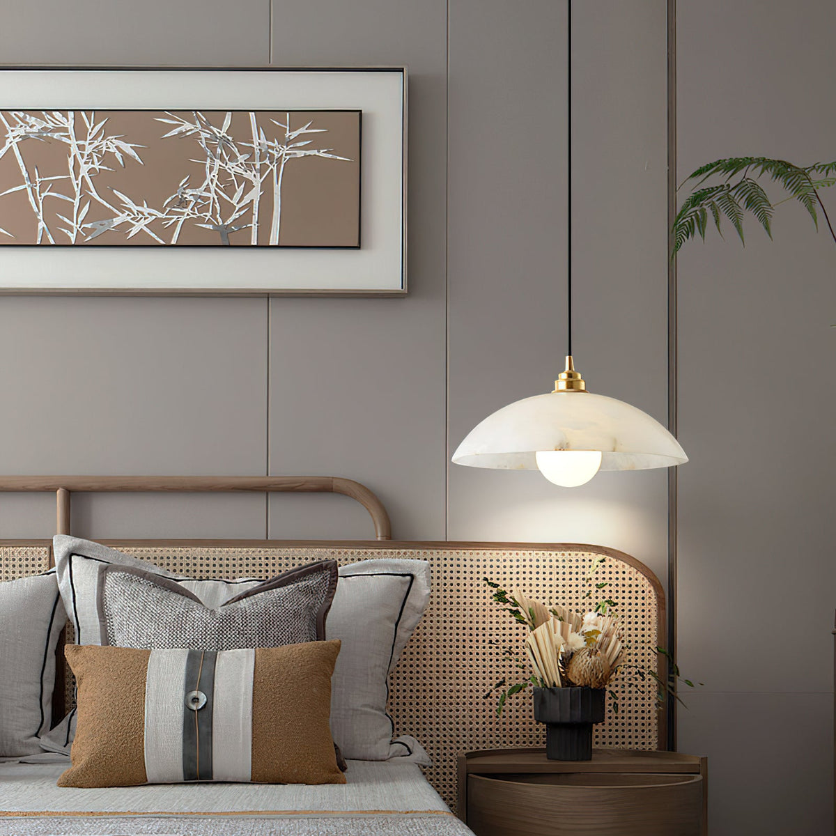Alabaster Dome Pendant Light – Natural Stone Saucer & Brass Minimalist Suspension Lamp