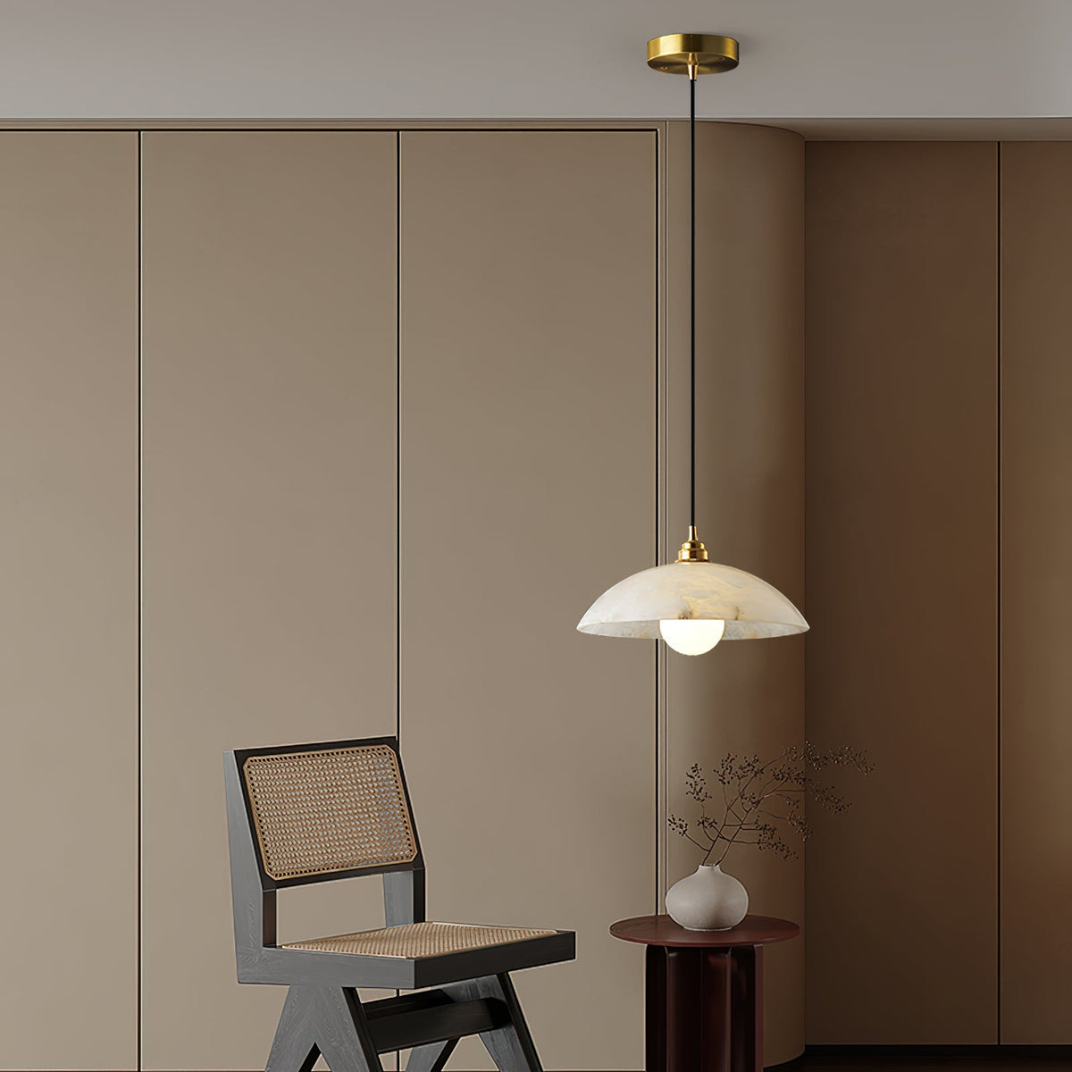 Alabaster Dome Pendant Light – Natural Stone Saucer & Brass Minimalist Suspension Lamp
