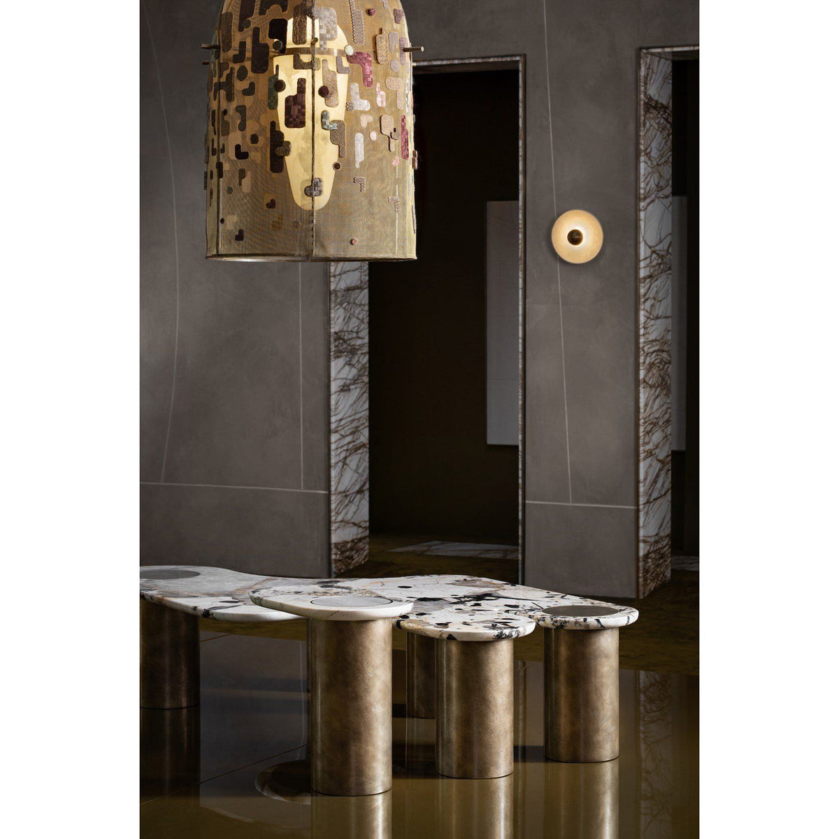 Alabaster Embroidered Pendant Lamp – Beadwork Mesh Cage & Natural Stone Modern Pendant