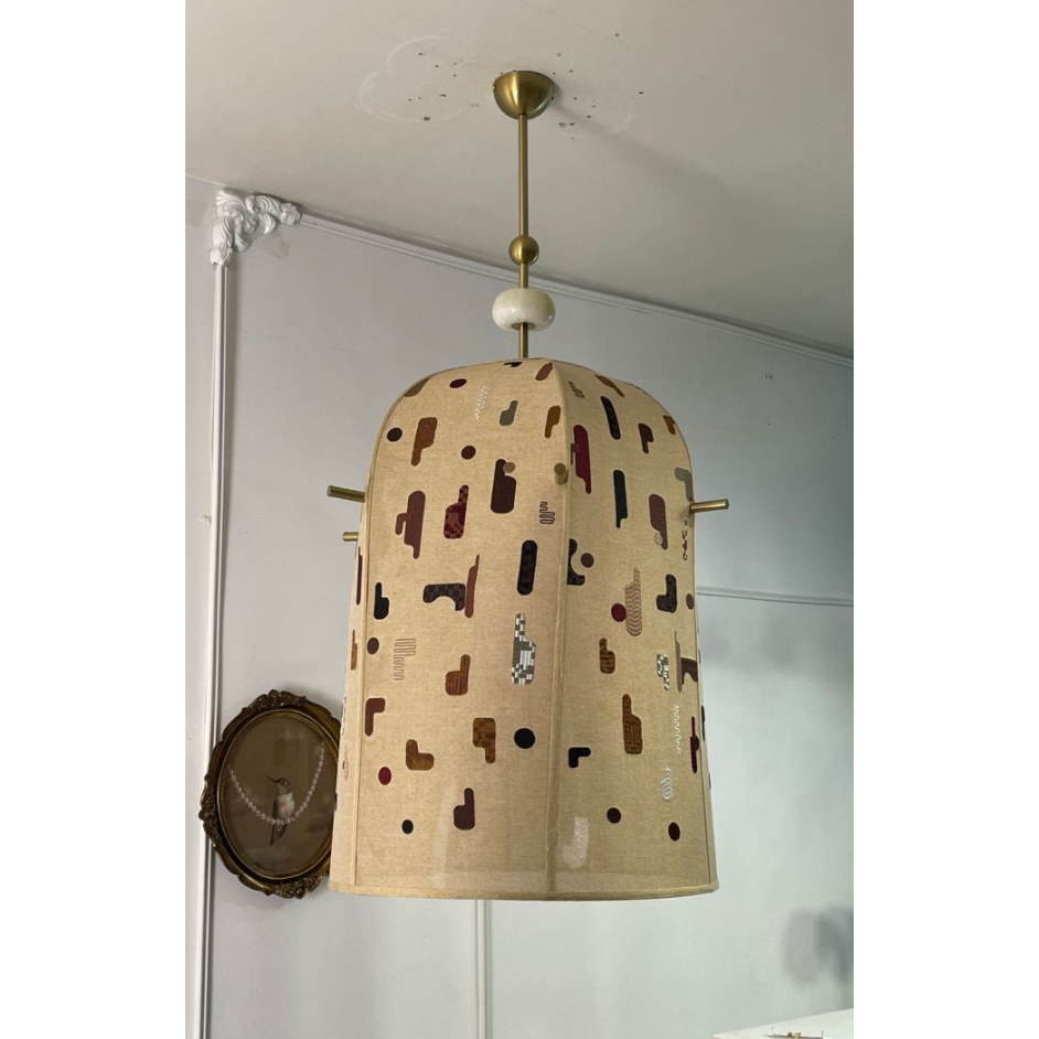 Alabaster Embroidered Pendant Lamp – Beadwork Mesh Cage & Natural Stone Modern Pendant