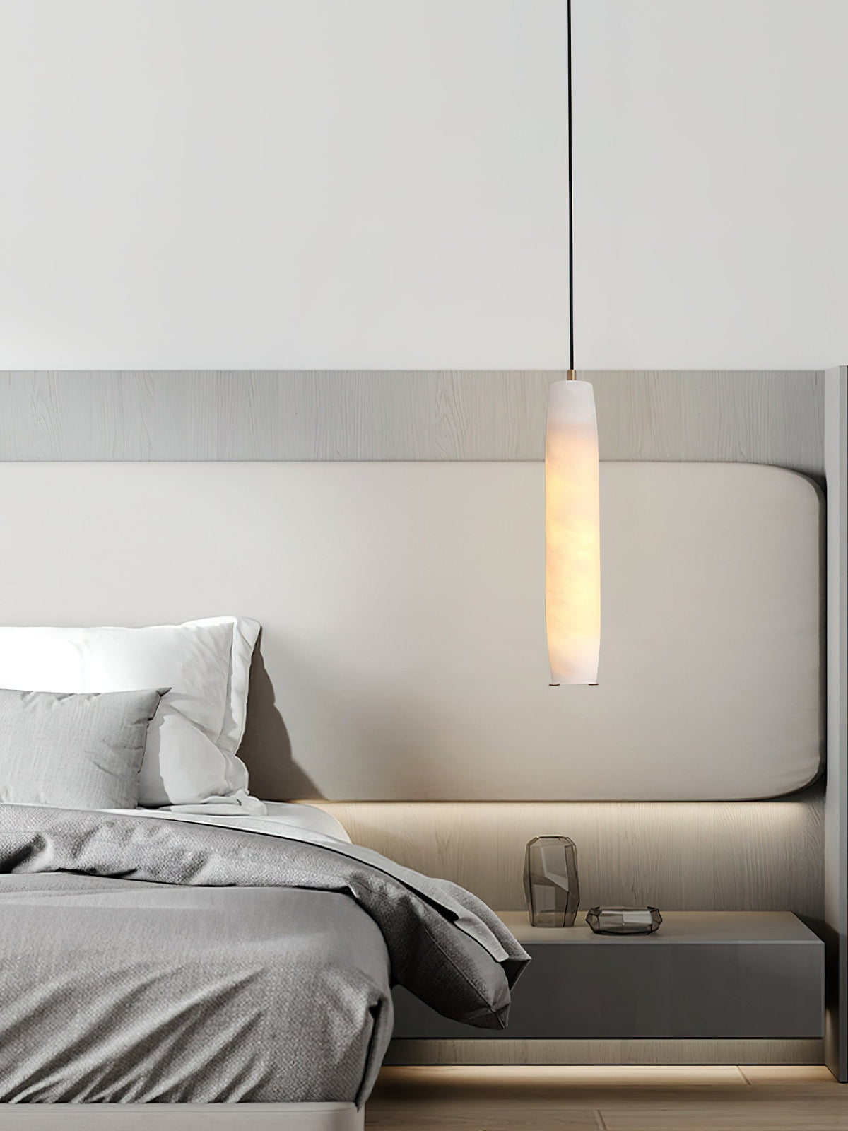 Alabaster Flute Pendant Light – Natural Stone Fluted Cylinder & Brass Suspension Light