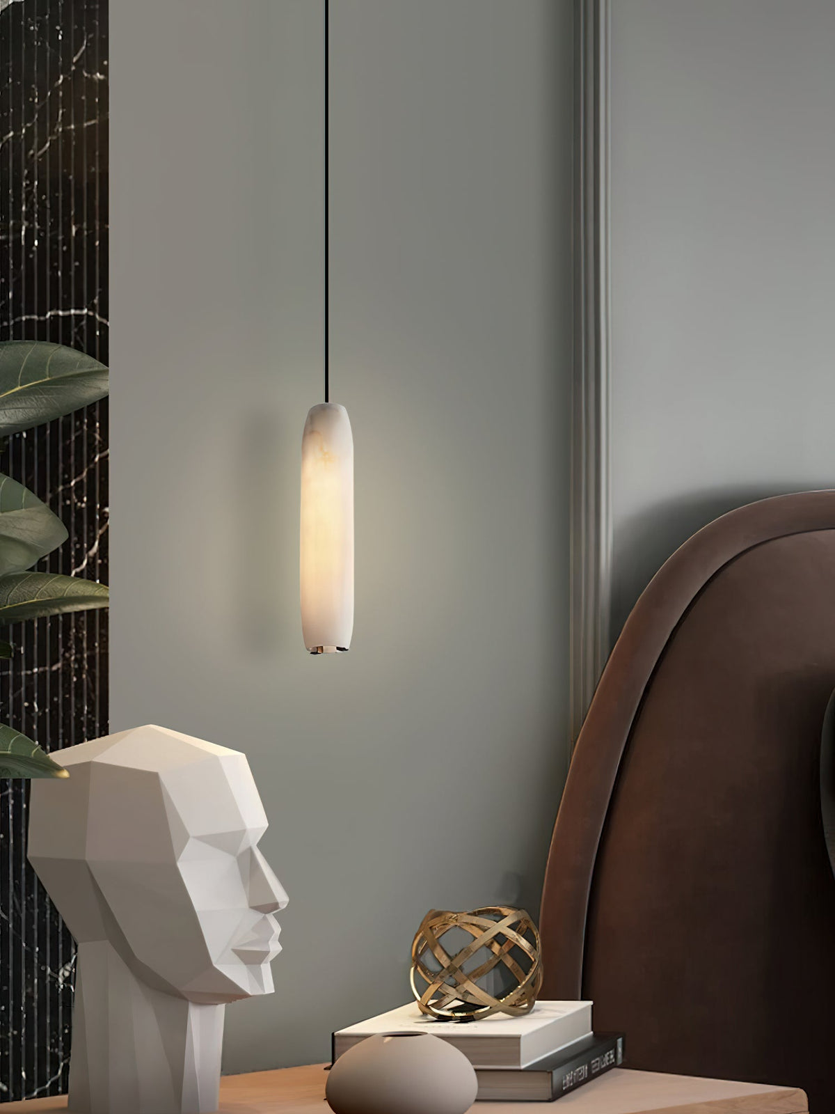 Alabaster Flute Pendant Light – Natural Stone Fluted Cylinder & Brass Suspension Light