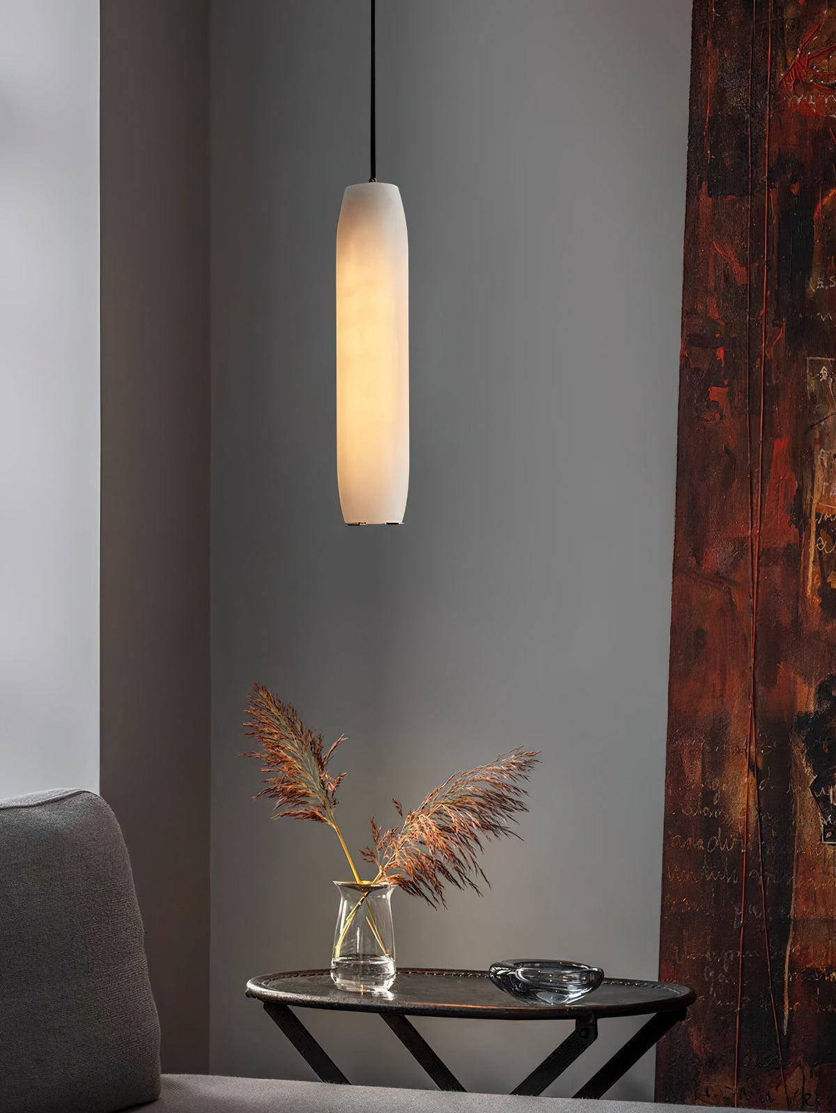 Alabaster Flute Pendant Light – Natural Stone Fluted Cylinder & Brass Suspension Light