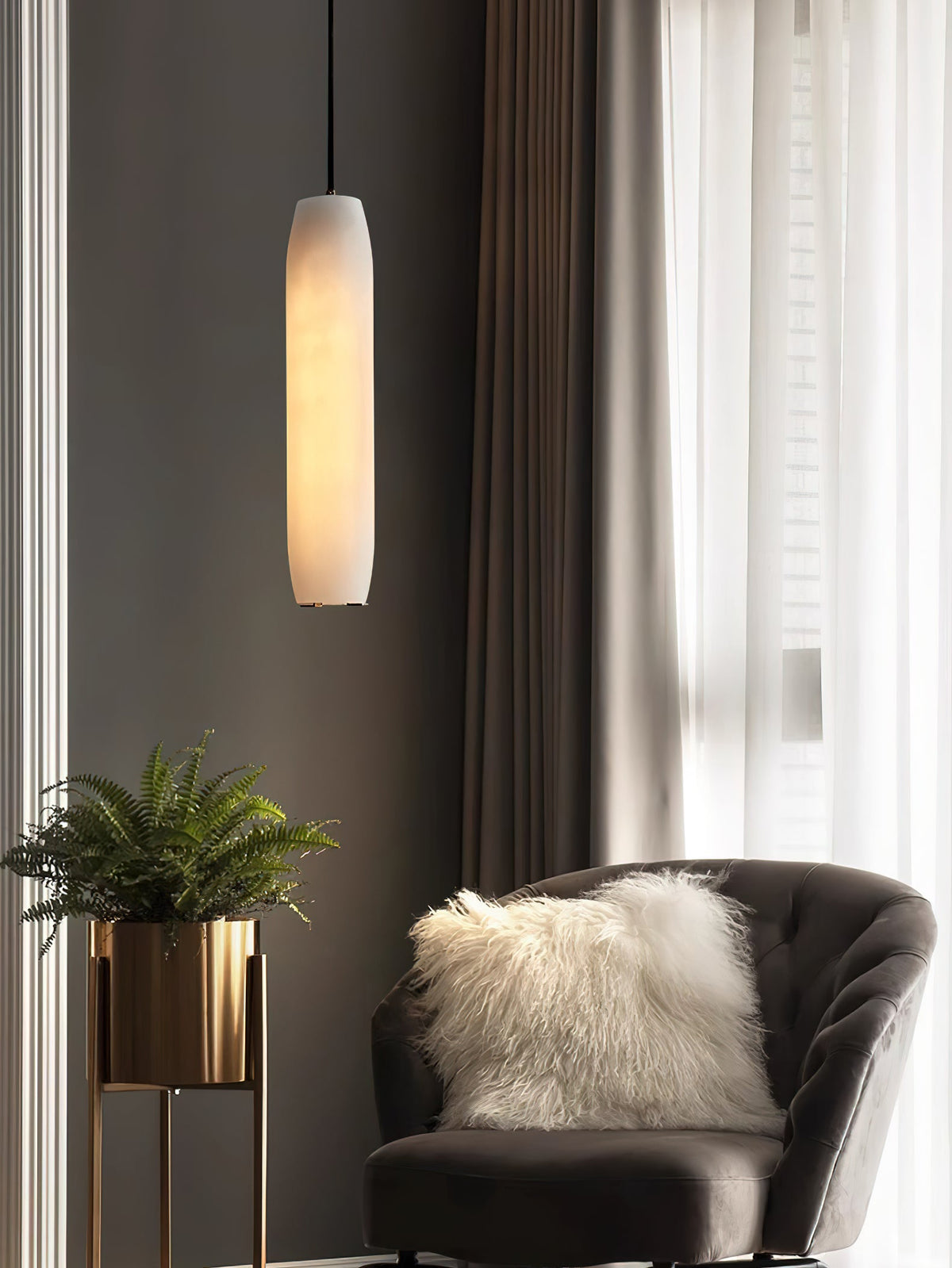 Alabaster Flute Pendant Light – Natural Stone Fluted Cylinder & Brass Suspension Light