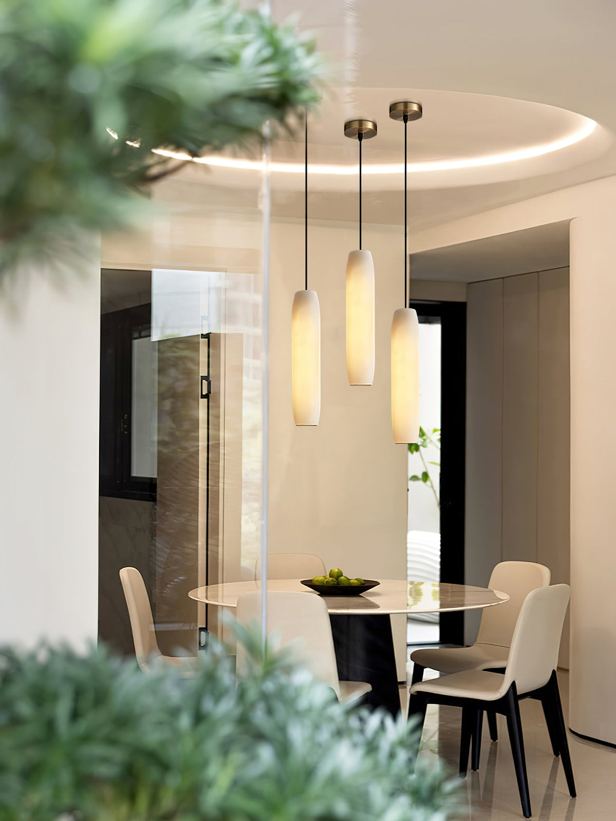 Alabaster Flute Pendant Light – Natural Stone Fluted Cylinder & Brass Suspension Light