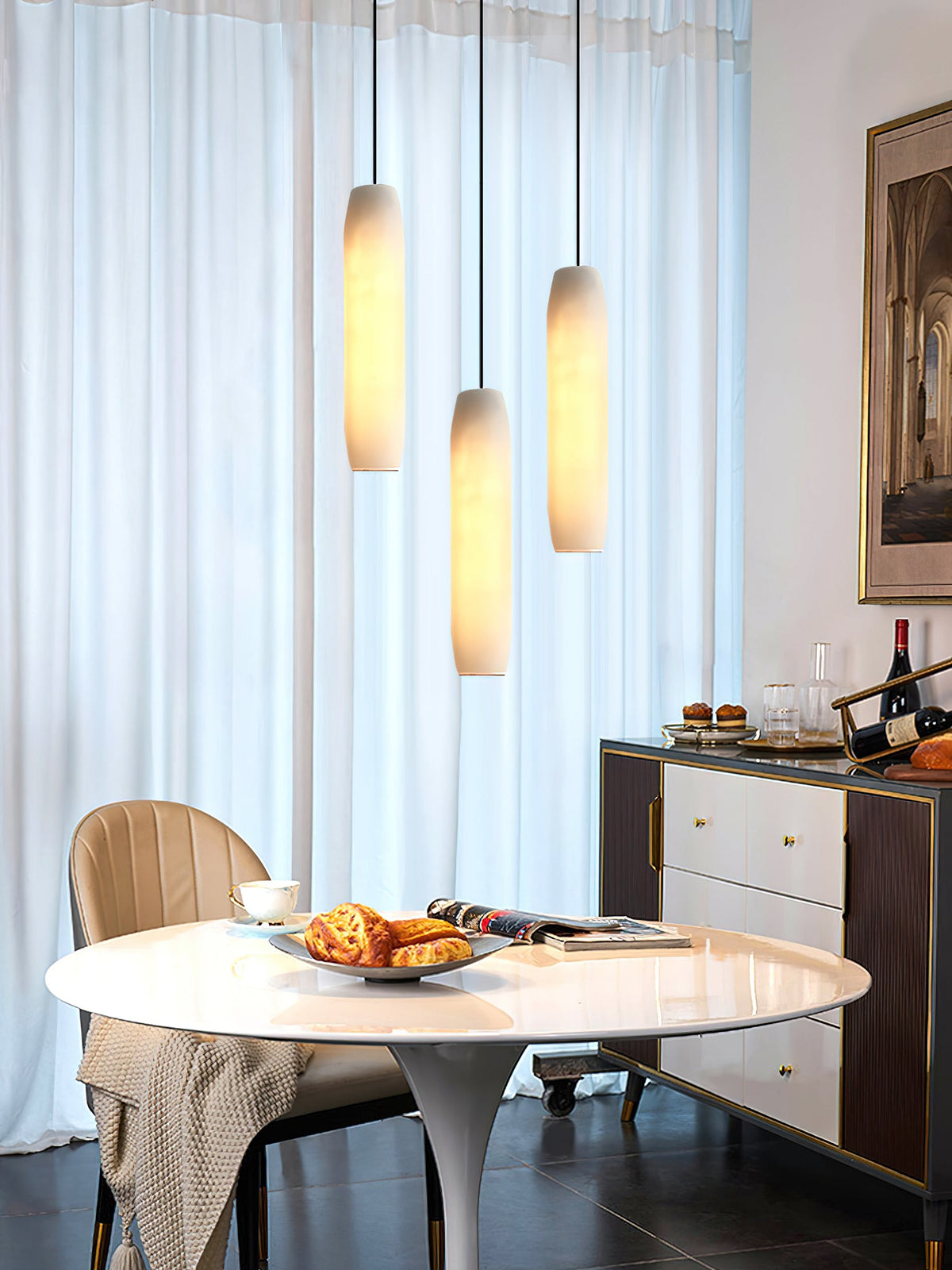 Alabaster Flute Pendant Light – Natural Stone Fluted Cylinder & Brass Suspension Light