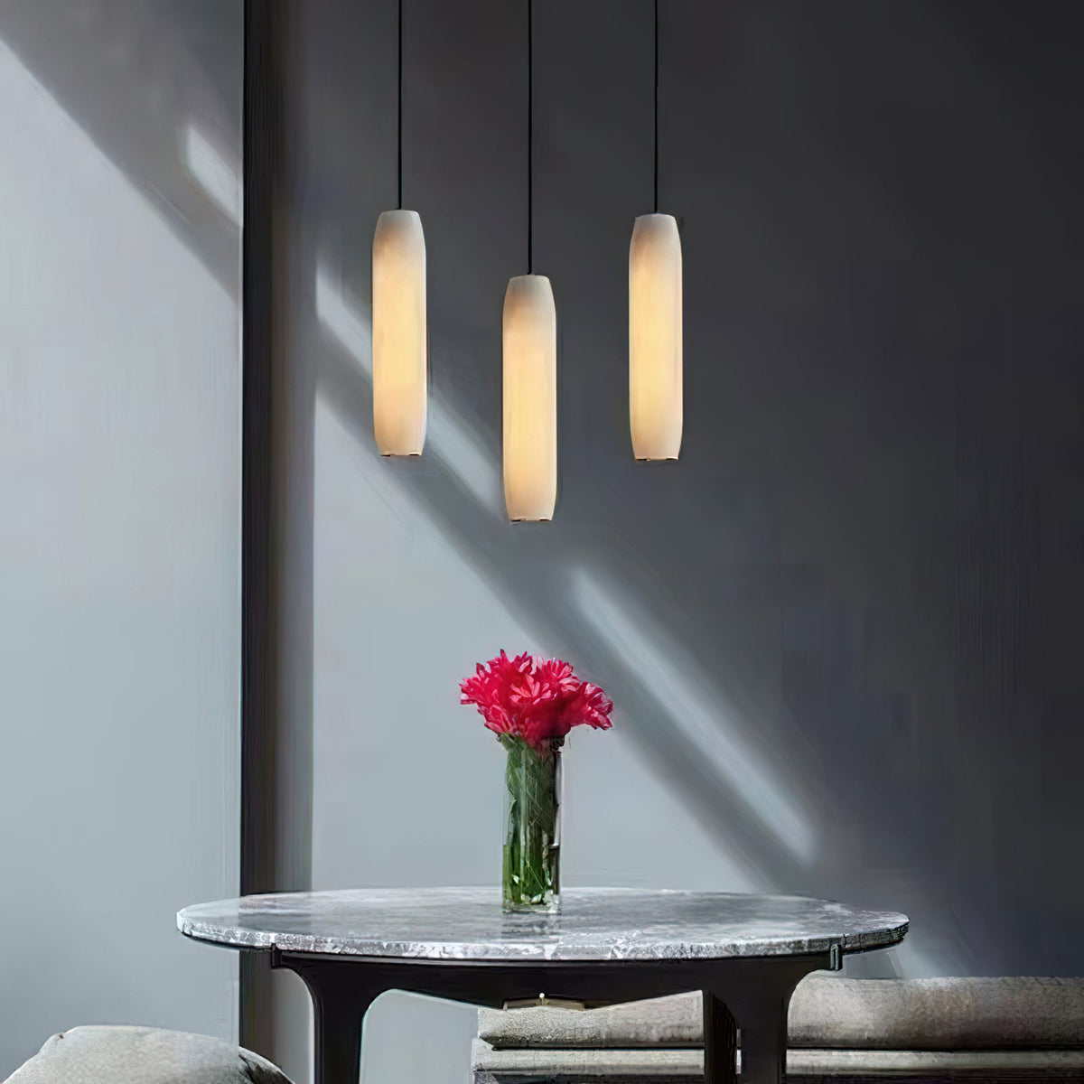 Alabaster Flute Pendant Light – Natural Stone Fluted Cylinder & Brass Suspension Light