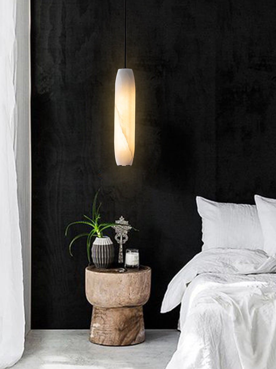 Alabaster Flute Pendant Light – Natural Stone Fluted Cylinder & Brass Suspension Light