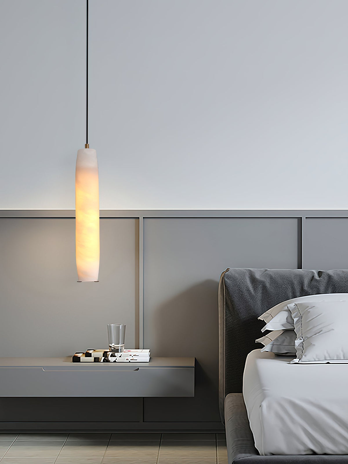 Alabaster Flute Pendant Light – Natural Stone Fluted Cylinder & Brass Suspension Light