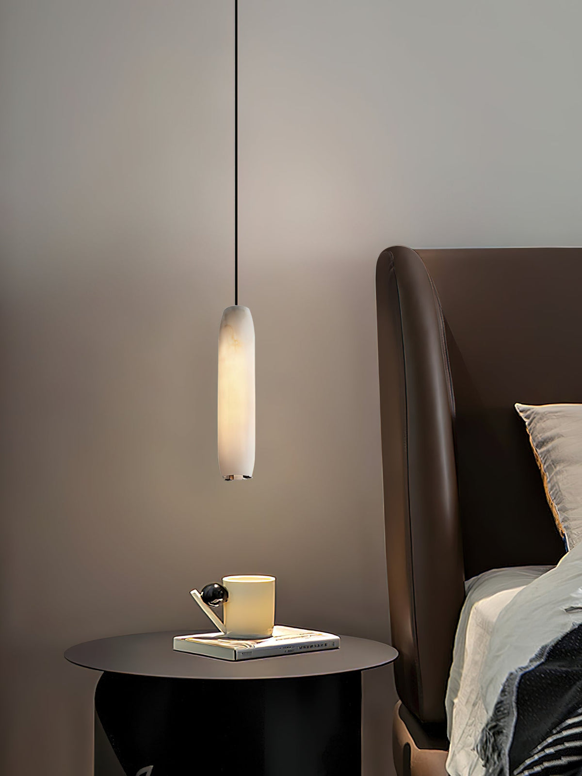 Alabaster Flute Pendant Light – Natural Stone Fluted Cylinder & Brass Suspension Light