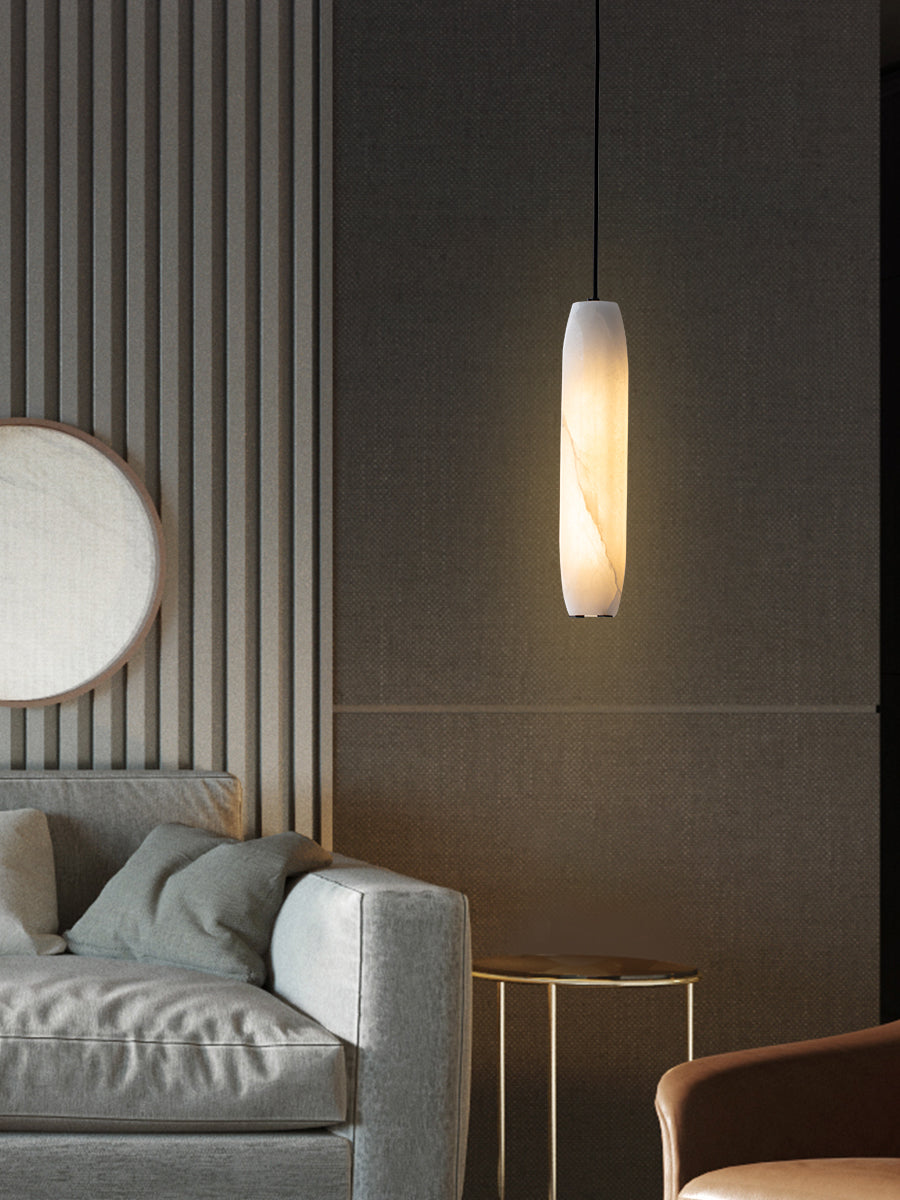 Alabaster Flute Pendant Light – Natural Stone Fluted Cylinder & Brass Suspension Light