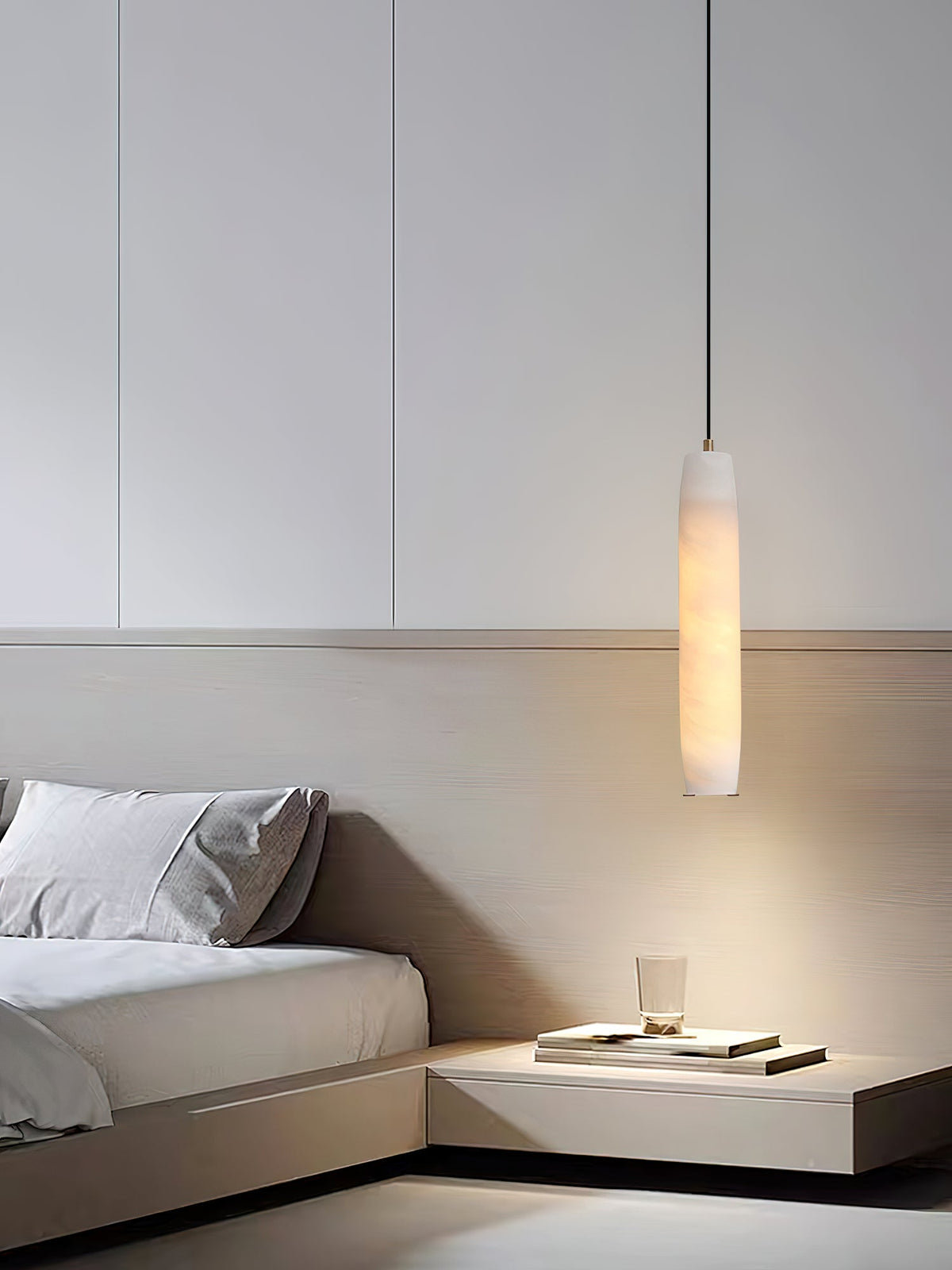 Alabaster Flute Pendant Light – Natural Stone Fluted Cylinder & Brass Suspension Light