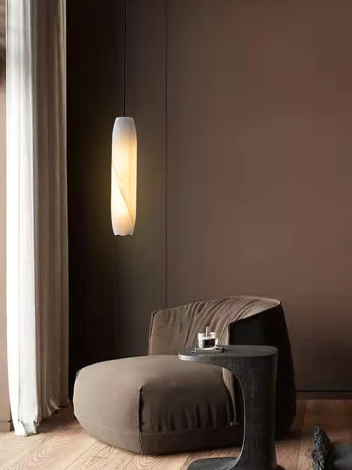 Alabaster Flute Pendant Light – Natural Stone Fluted Cylinder & Brass Suspension Light
