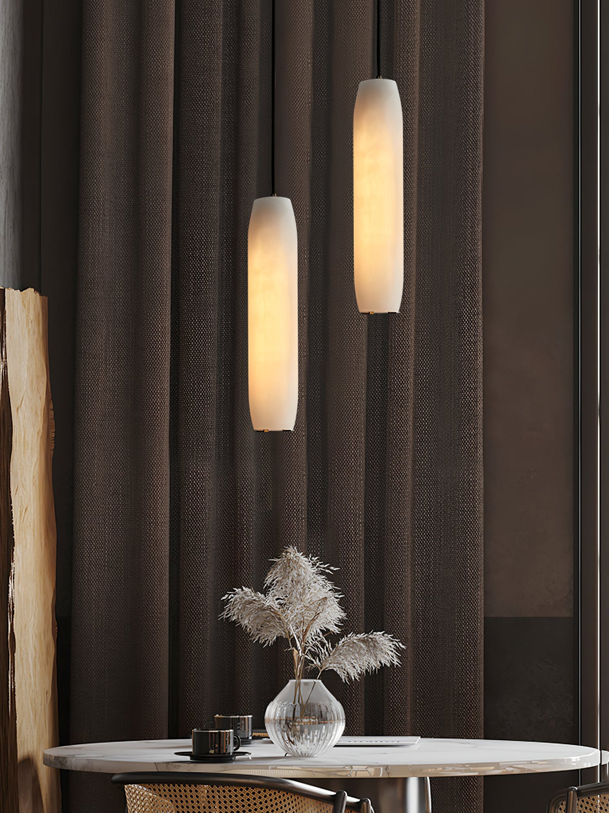 Alabaster Flute Pendant Light – Natural Stone Fluted Cylinder & Brass Suspension Light