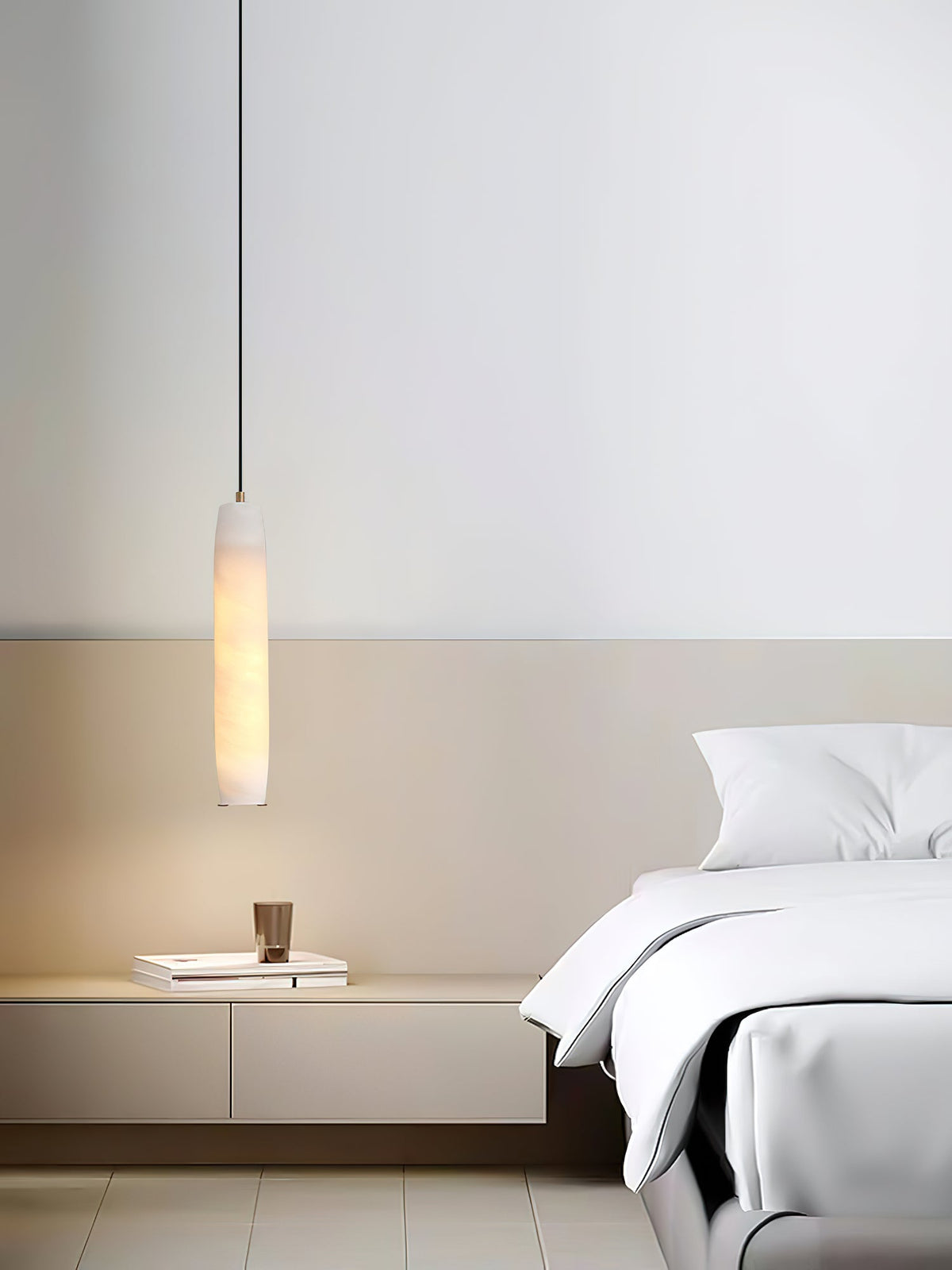 Alabaster Flute Pendant Light – Natural Stone Fluted Cylinder & Brass Suspension Light