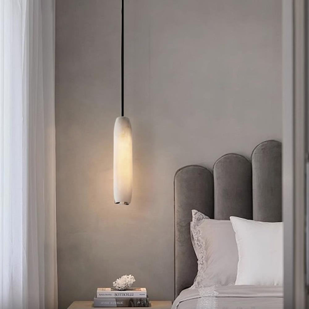Alabaster Flute Pendant Light – Natural Stone Fluted Cylinder & Brass Suspension Light