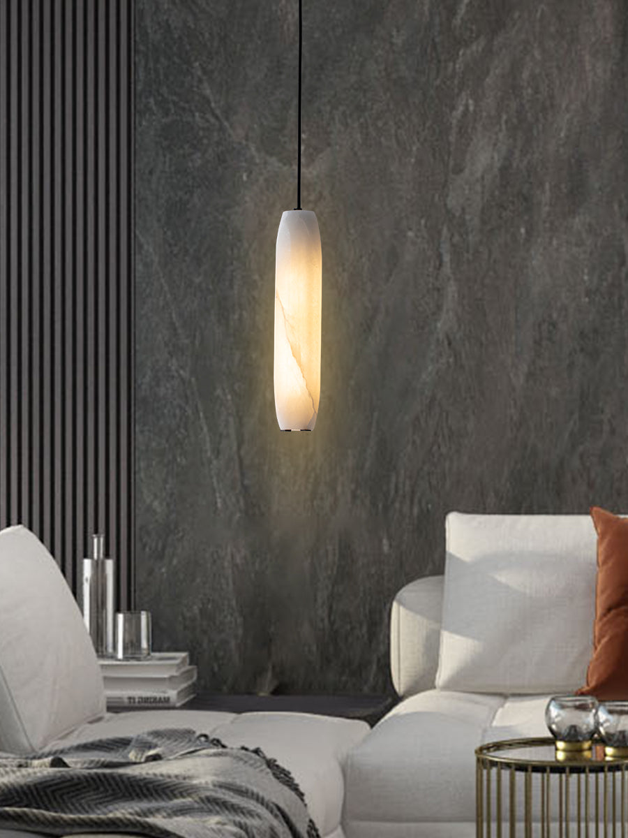 Alabaster Flute Pendant Light – Natural Stone Fluted Cylinder & Brass Suspension Light