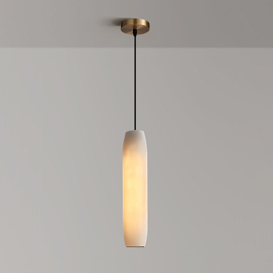 Alabaster Flute Pendant Light – Natural Stone Fluted Cylinder & Brass Suspension Light