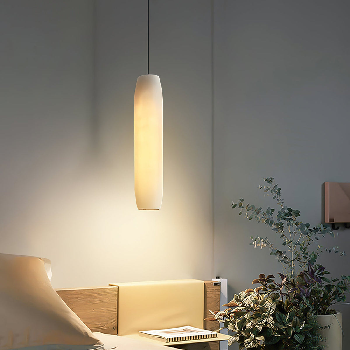 Alabaster Flute Pendant Light – Natural Stone Fluted Cylinder & Brass Suspension Light