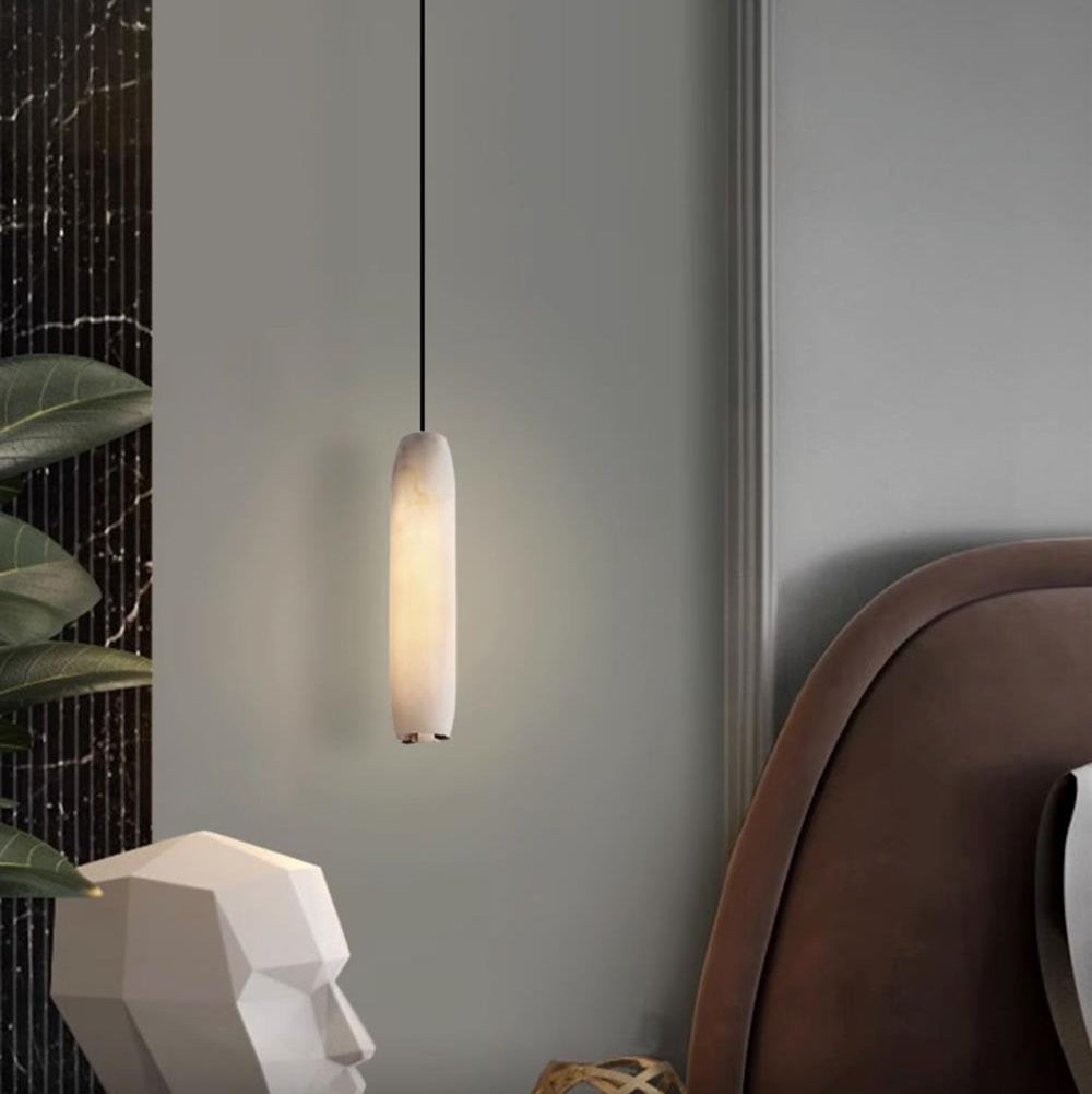 Alabaster Flute Pendant Light – Natural Stone Fluted Cylinder & Brass Suspension Light