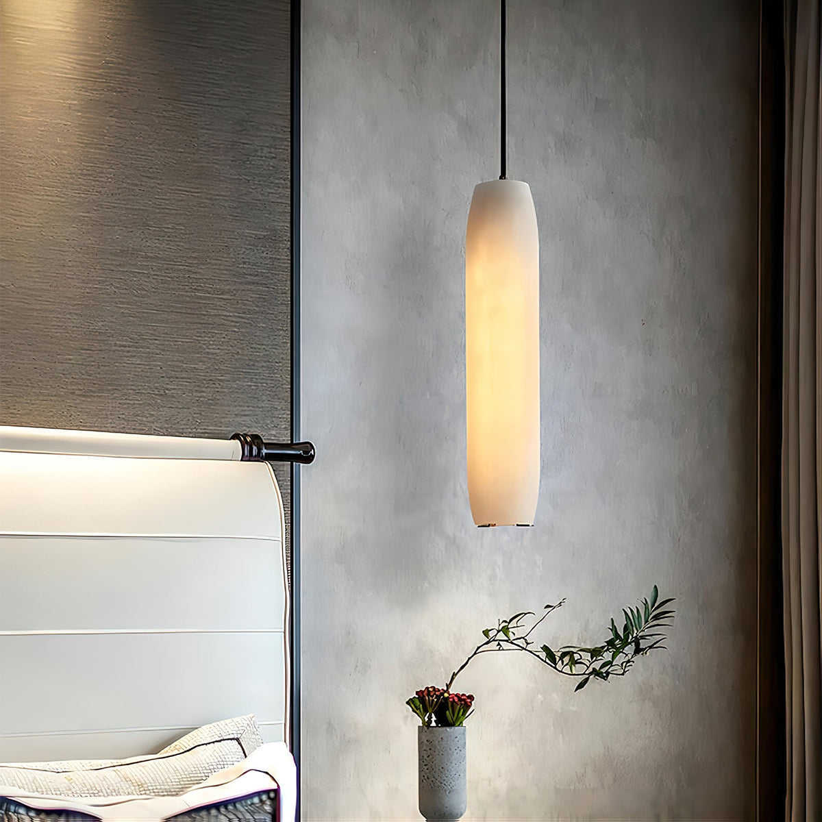 Alabaster Flute Pendant Light – Natural Stone Fluted Cylinder & Brass Suspension Light