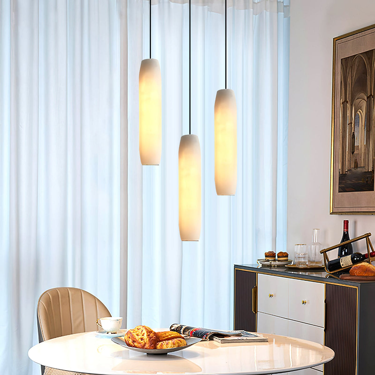 Alabaster Flute Pendant Light – Natural Stone Fluted Cylinder & Brass Suspension Light